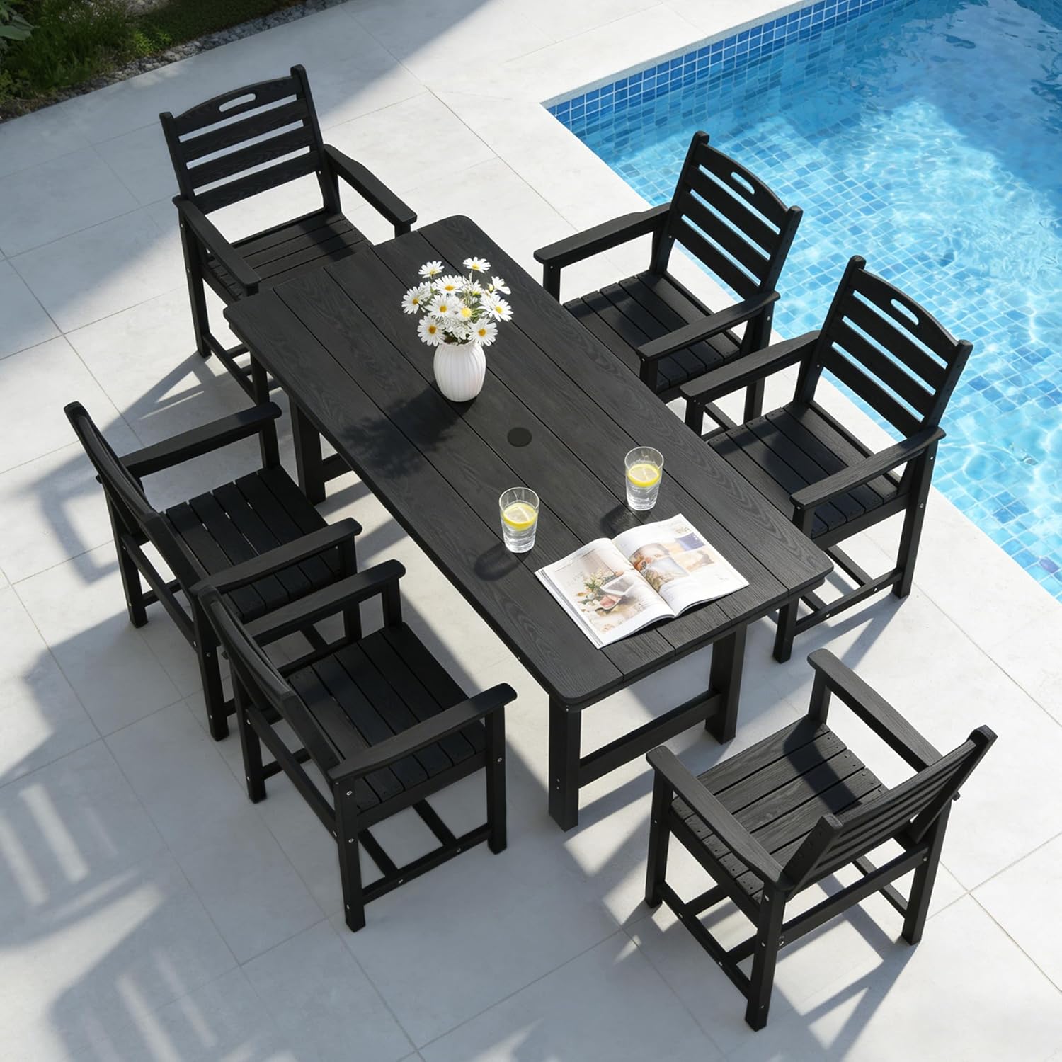 PIZZELLO 7-Piece Outdoor Dining Set - HDPE Patio Dining Set for 6 - Outdoor Table and Chairs - All Weather Rectangular Patio Table Sets w/Umbrella Hole (66" Large Table and 20" Wide Chairs)