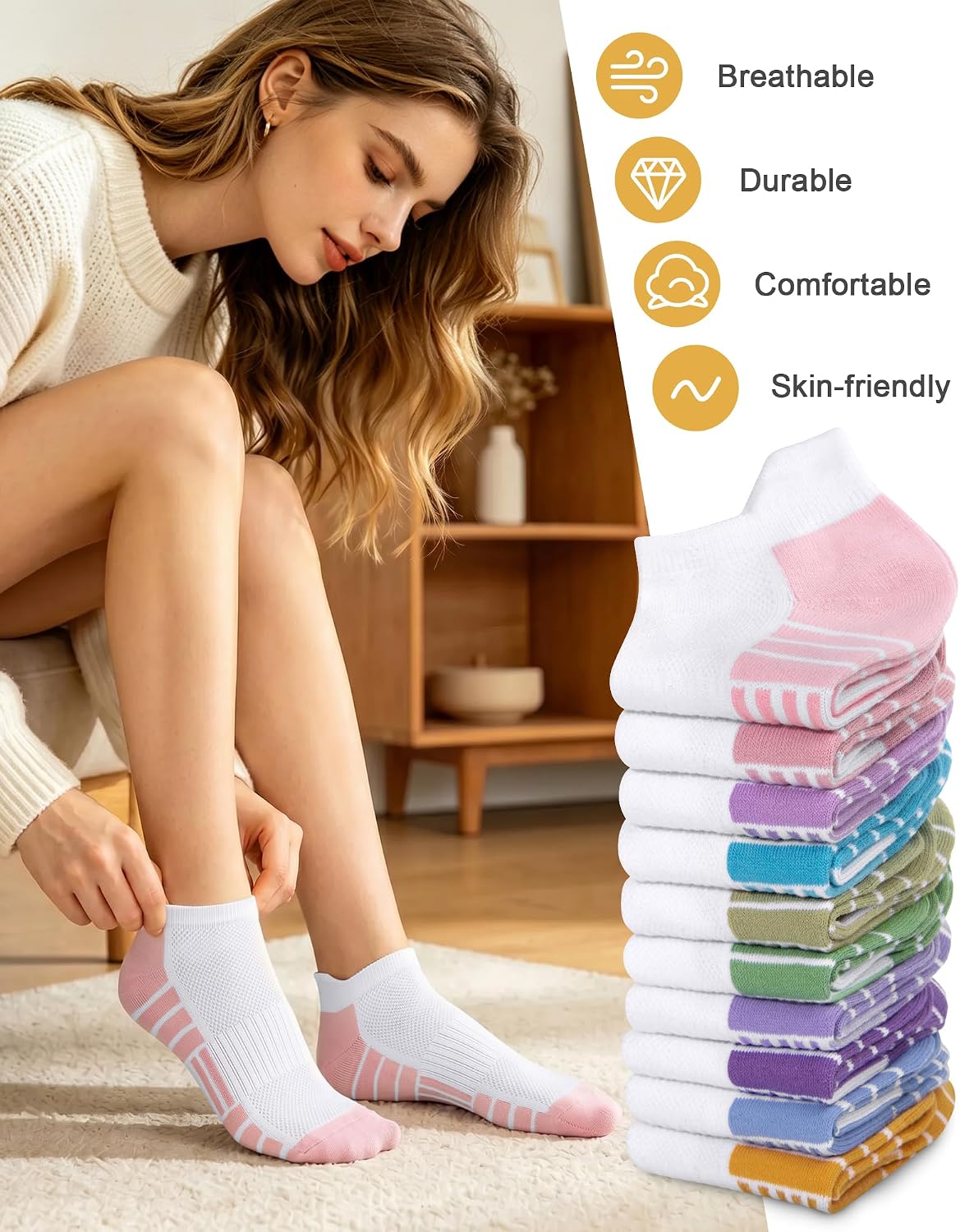 10 Pairs Ankle Socks for Women Lightweight Thin Low Cut Socks | Breathable Mesh Fabric, Heel Tab Design, Arch Surpport, Suitable for Casual Athletic, Colorful Choice, Fits for Size 5-10