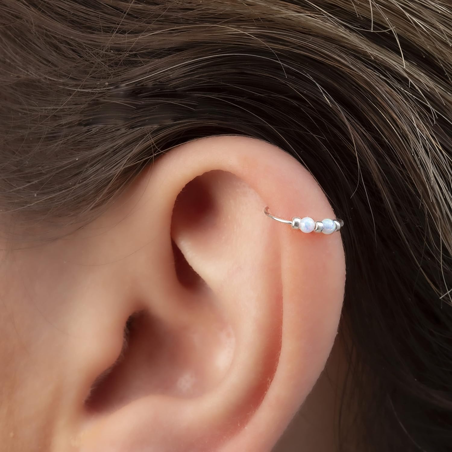 Cartilage Earring Hoop 20 Gauge - 925 Silver Helix Ring White Opals - Hypoallergenic 8mm Diameter Cartilage Ear Piercing White Opals - Handmade Body Jewelry for Women Men - Image 3