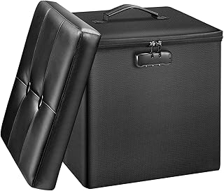 Tamfile Storage Ottoman, Fireproof Folding Foot Rest Stool with Lid, 33 x 33 x 33cm Cube Faux Leather Waterproof Footstool with Lock and Handle for Bedroom, Hallway, Living Room, Black