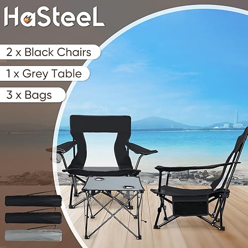 Miniatura 3 de HaSteeL Juego de 3 sillas de playa plegables, sillas de camping negras plegables y mesa gris para exteriores, silla de playa baja portátil para