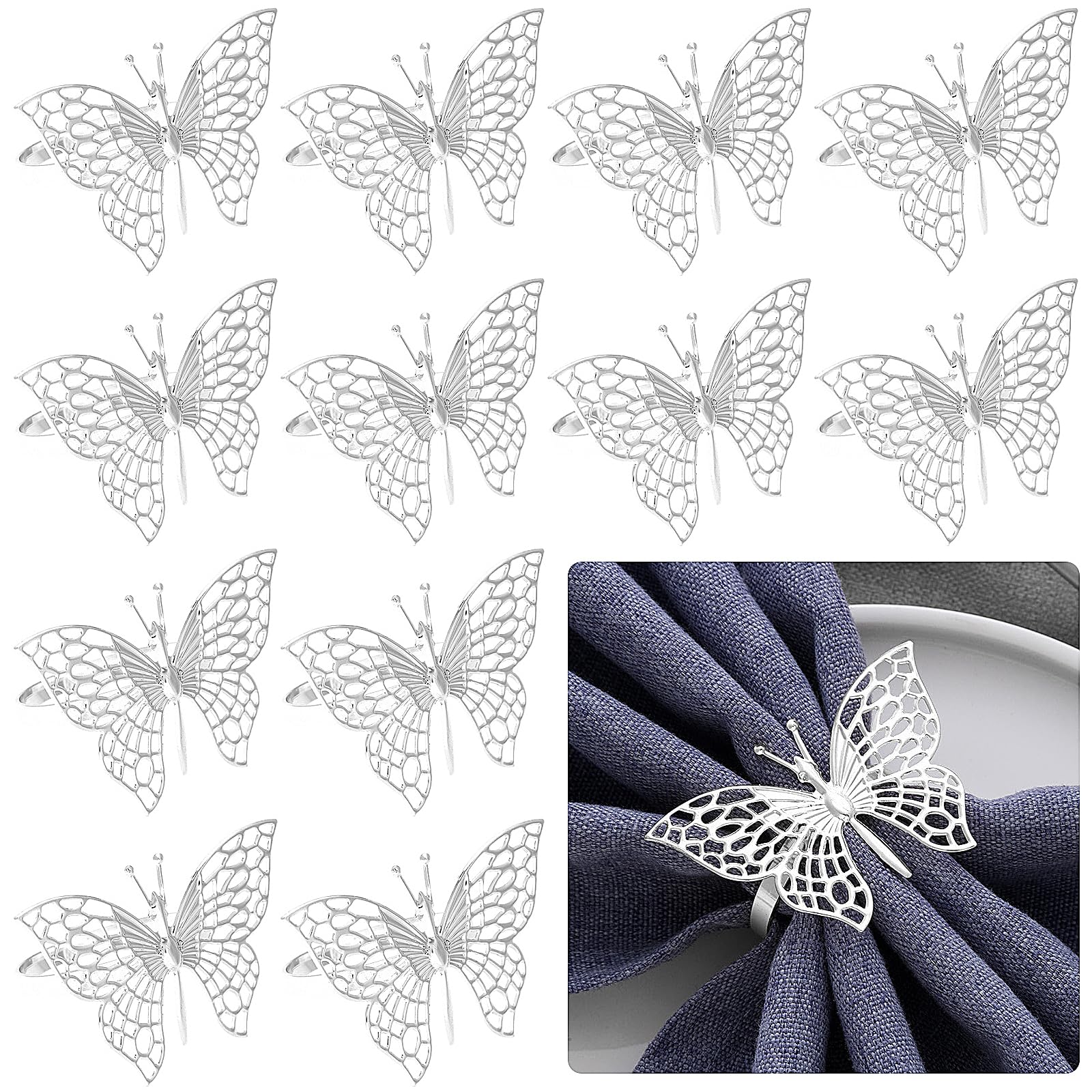Lvjkes 12 Piezas Servilleteros Individuales, Elegante Mariposa Hueca servilleteros, para Banquete de Boda, Fiesta de Aniversario, Bautismo, Festival de cumpleaños, decoración de Mesa (Plata)
