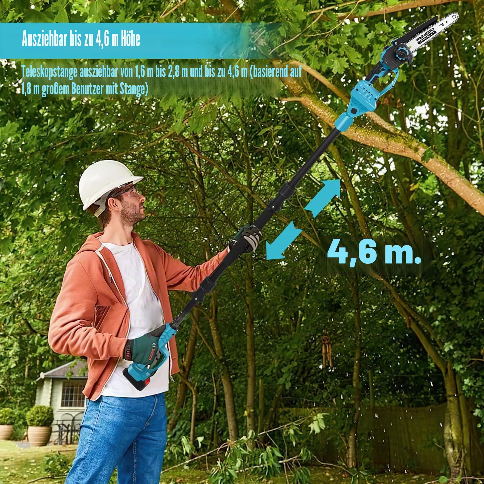 Hochentaster Akku 8 Zoll für Makita 21V, Bürstenlose Teleskop Astsäge, 2 IN 1 Mini 8 zoll Akku Kettensäge und Teleskop Elektro Hochentaster Astsäge Arbeitshöhe bis 4,5m (2 Akku)