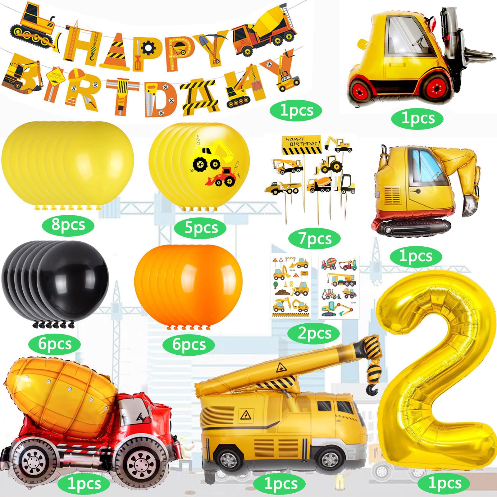 HGRGHH Palloncini e Decorazioni Compleanno 2 Anni, Tema Escavatori e Cantiere per Veicoli Ragazzi