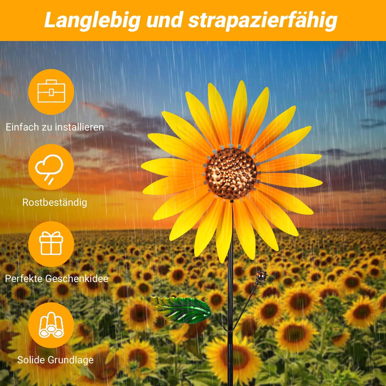 pearlstar Sonnenblume Windrad Metall, 2er-Pack Windspiel Garten Mit Metallpfahl, 94cmx25cm Windspinner Gartendeko Für Draußen Balkon Terrasse Rasen