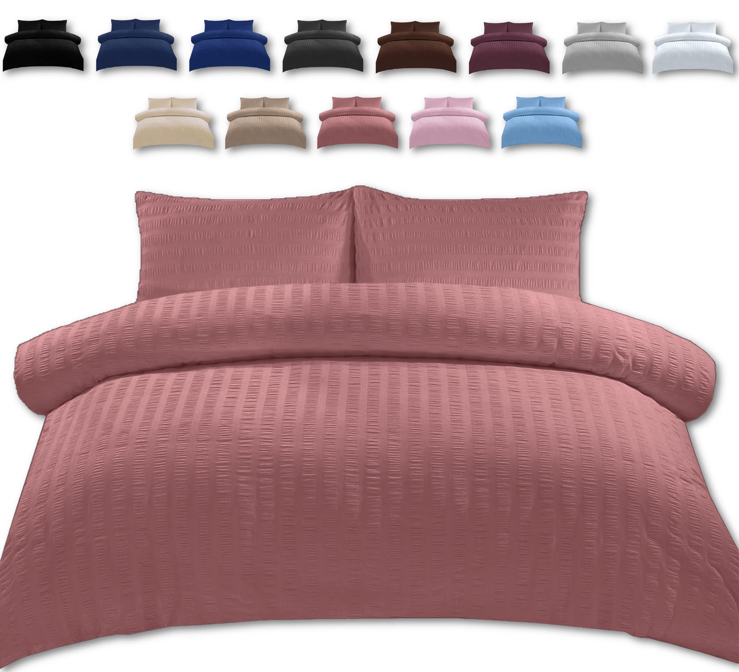 TheWhiteWater King Size Bed Duvet Set - 2 in 1 Seersucker Bedding Set – King Size Duvet Cover + 2 Matching Pillowcases (Dusky Pink, King - Duvet Cover ONLY)