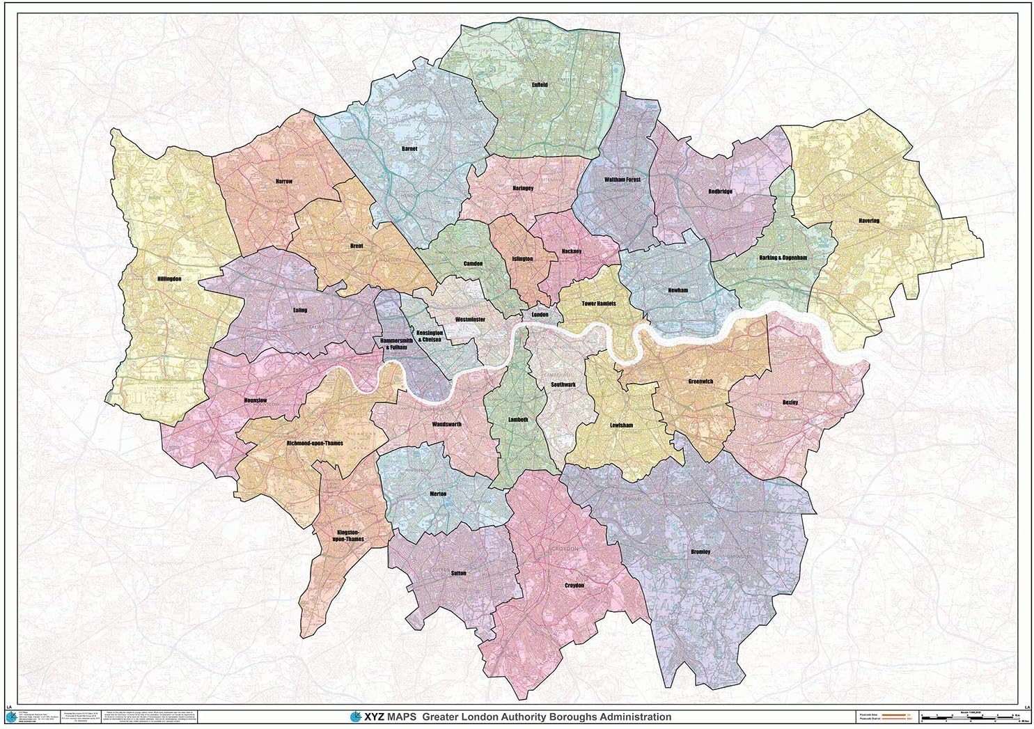 Greater London Authority Boroughs Wandkarte, kunststoffbeschichtet