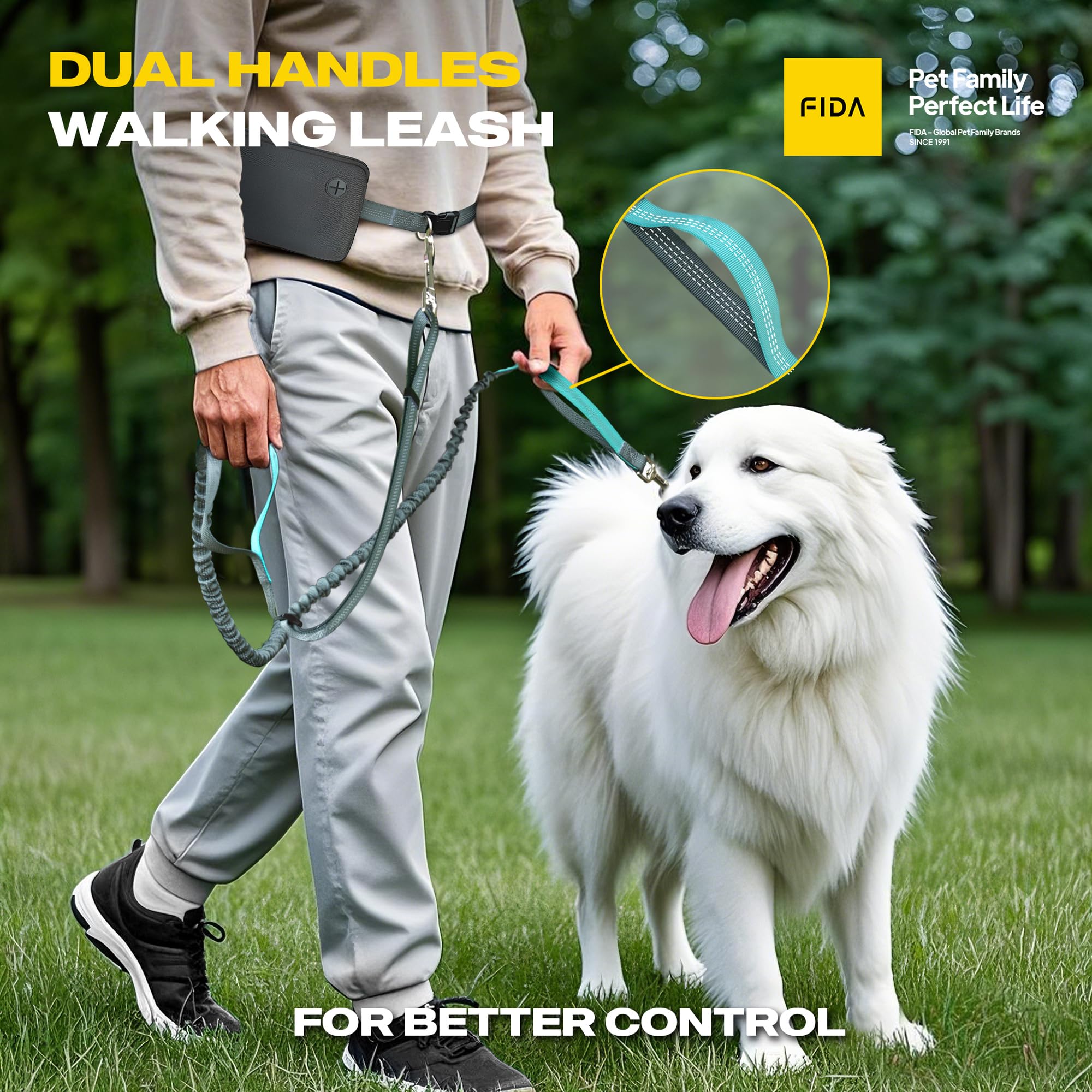 Fida 3-in-1 Hands Free Dog Leash with Zipper Pouch, Bungee & Reflective Straps – Adjustable 5-8ft Crossbody/Waist Running Leash for Dogs, Detachable Traffic Handle for Safe Walking & Jogging - image 3