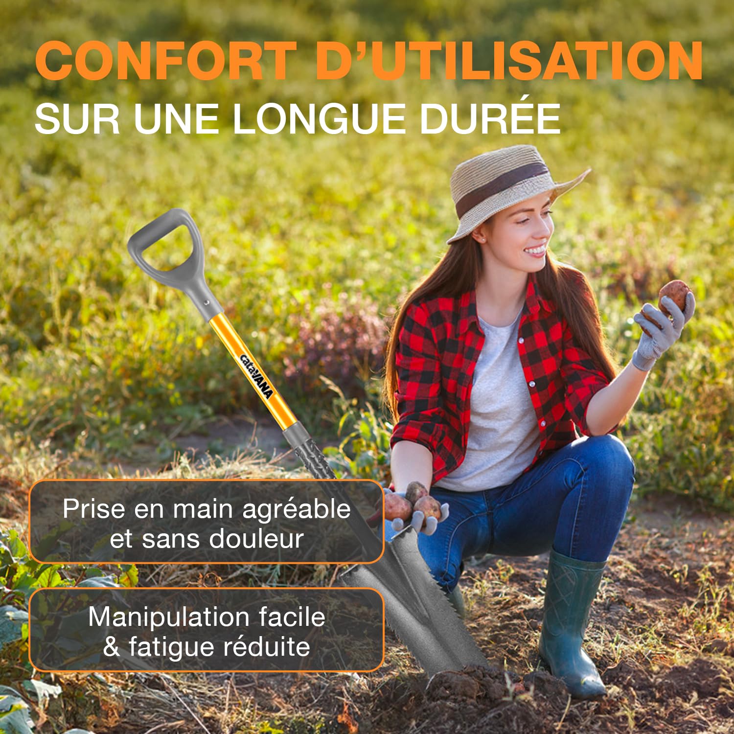 CATAVANA – Bêche de Jardin avec Dents en Acier – Outil de Creusage et Ameublissement du Sol – Manche Long avec Poignée en D Ergonomique – Idéale pour Jardinage, Potager et Aménagement – Noir/Orange