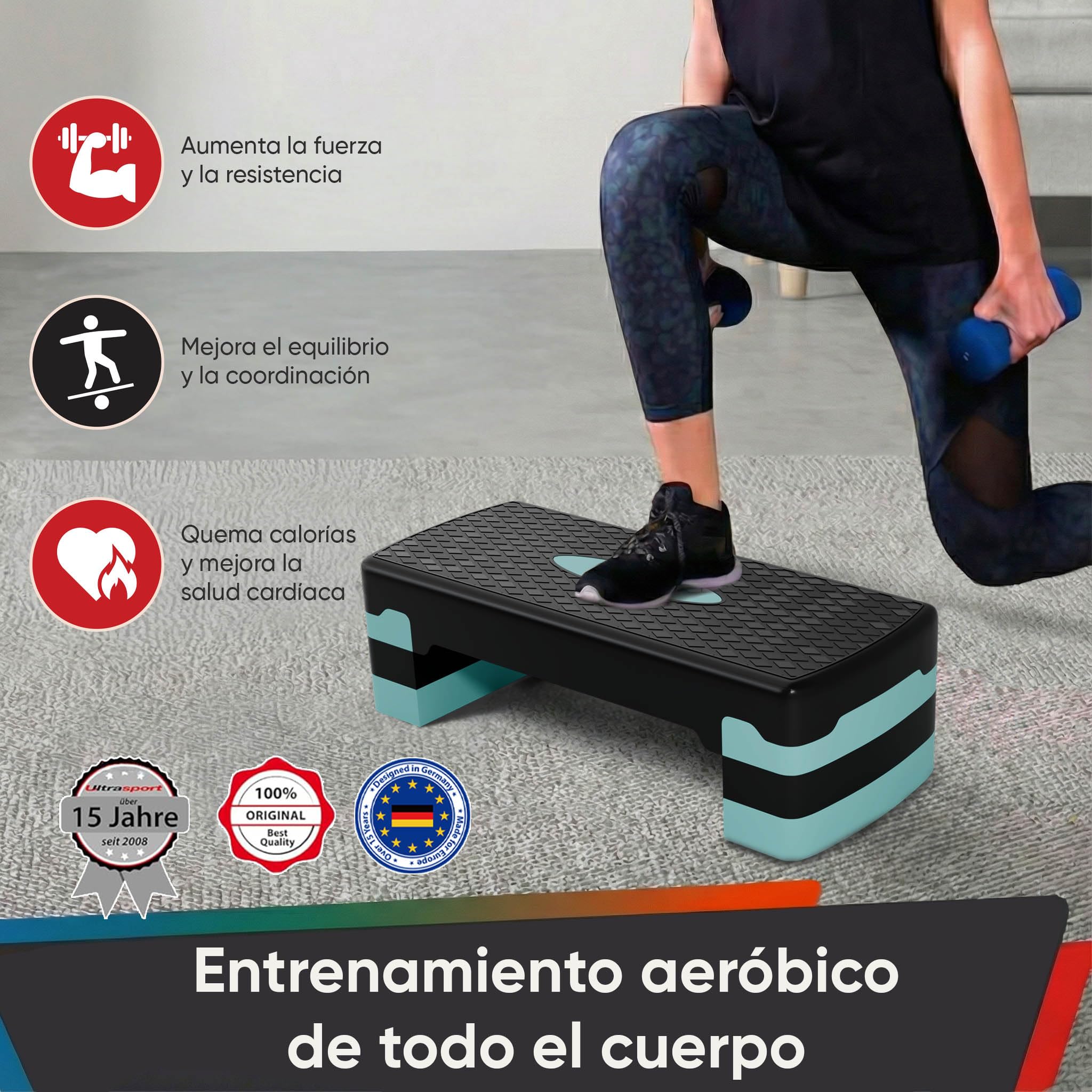 Ultasport Step de Aeróbic I Steps Fitness I Antideslizante, Ajustable en 3 Alturas I Stepper para Ejercicio en Casa, Stepboard, Stepbench 68 x 28 cm, Azul