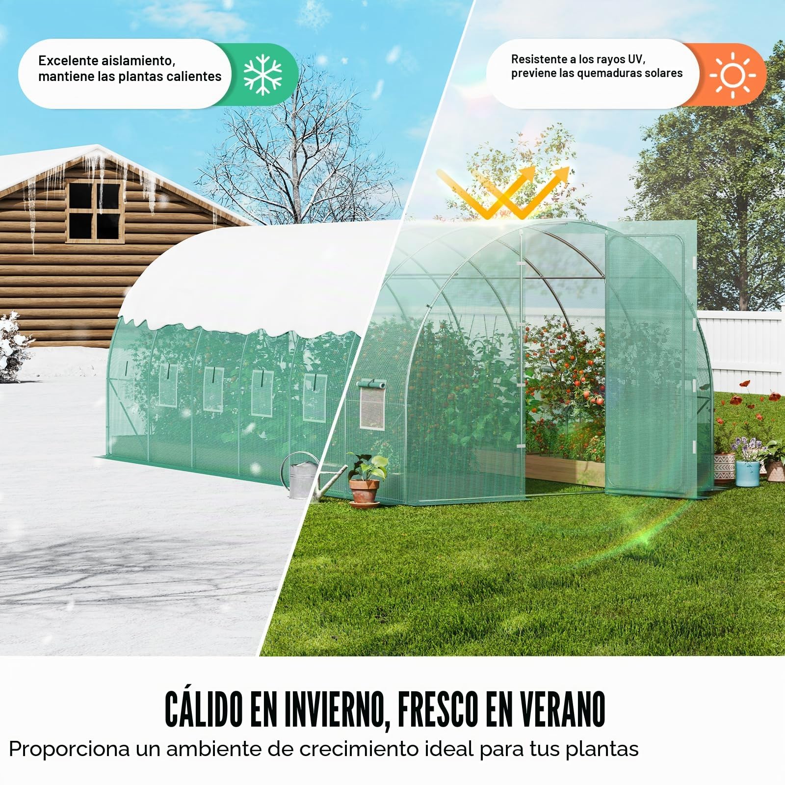 VEVOR Invernadero Túnel 590x295x225 cm Carpa Refugio para Plantas con Estructura de Acero Galvanizado Cubierta de PE Verde Puerta Enrollable con Cremallera 8 Ventanas para Cultivo de Verduras Flores