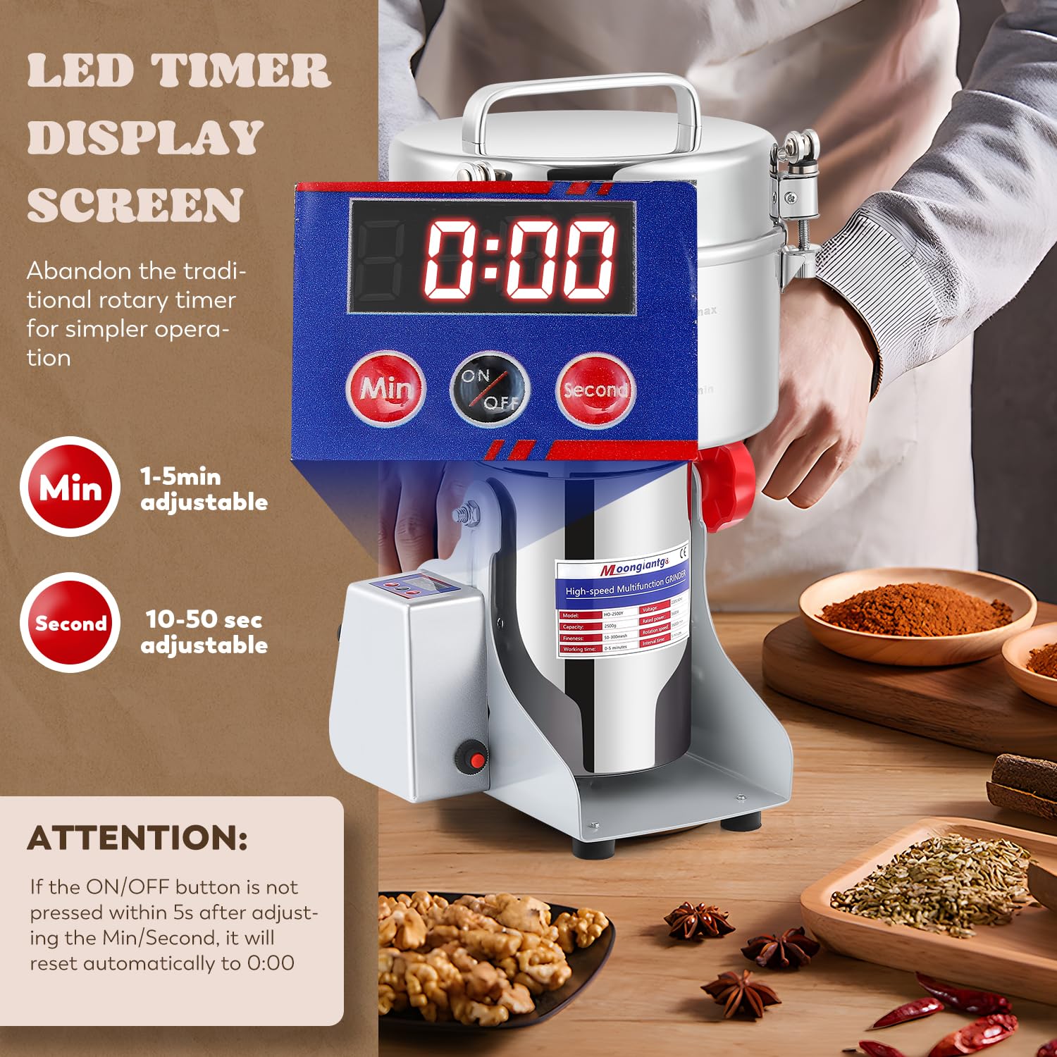 Moongiantgo 2500g Mulino per Cereali Elettrica, con Display a LED, Acciaio Inossidabile & Motore Commerciale 3600W 36000RPM, 30S Rettifica Ultra Fine ad Alta Velocità, per Cereali/Erbe/Spezie/Noci