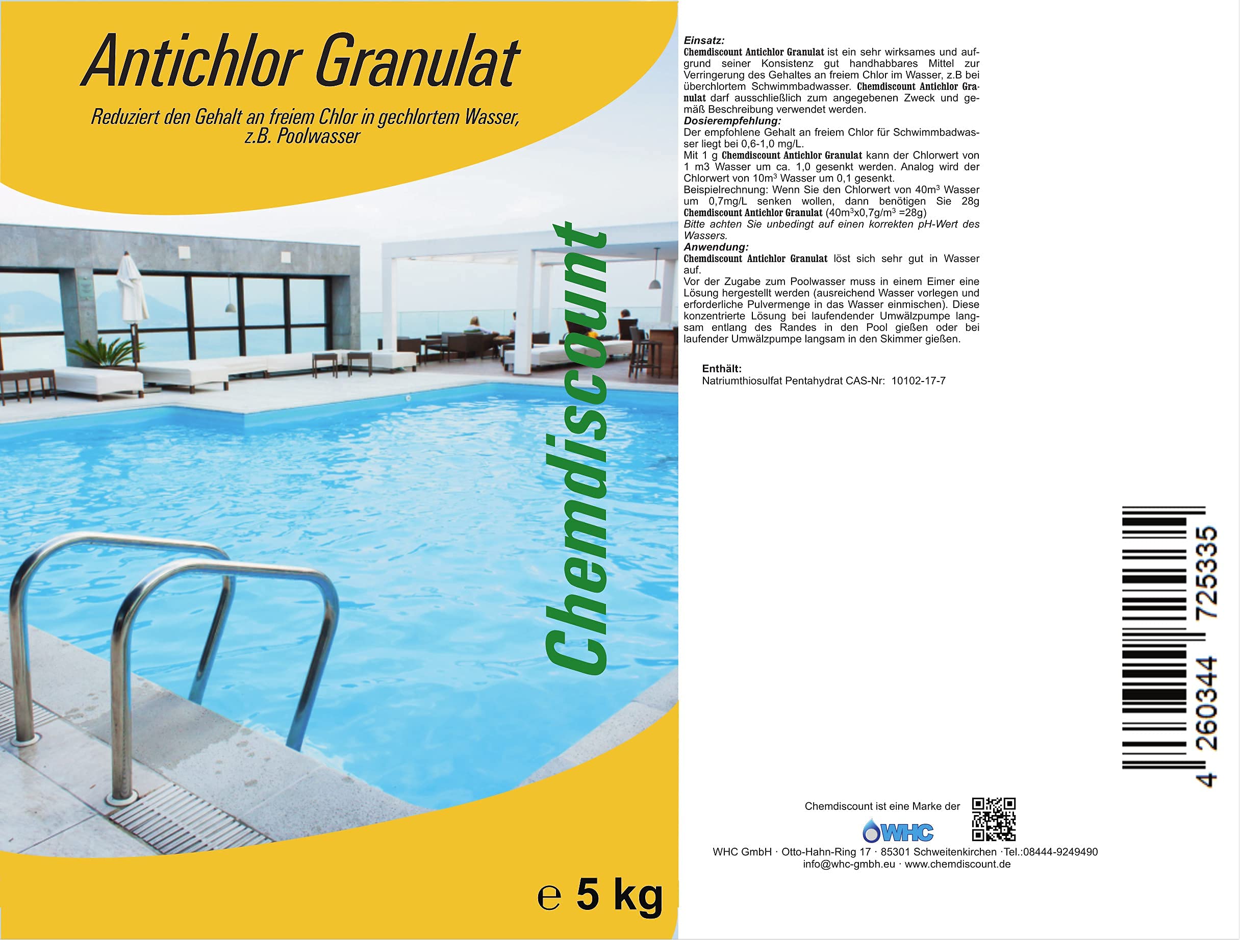 5kg Antichlor, für überchlortes Schwimmbadwasser, überchlorten Pool