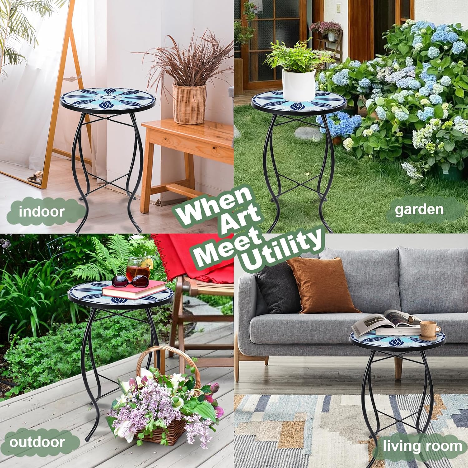 VCUTEKA Patio Side Table Outdoor Accent Table Bistro Coffee Table Plant End Table Small Porch Tables Indoor Round Glass Balcony Blue Flowers 14 inches