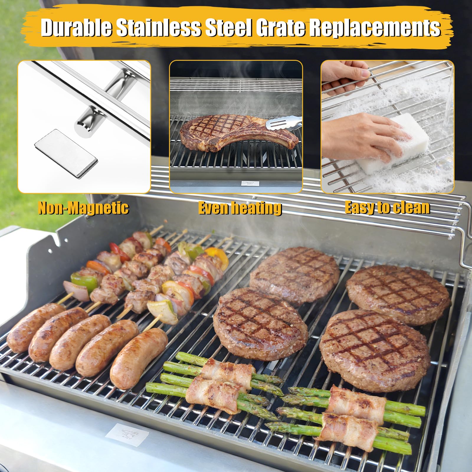 GFTIME Ruszt do grillowania ze stali nierdzewnej, 44,4 × 30 cm, 2 sztuki, masywny ruszt zastępczy 7 mm do grilla Enders Kansas 3, Campingaz, Broilking, Rösle Videro G3, Napoleon, Charbroil GasGrills