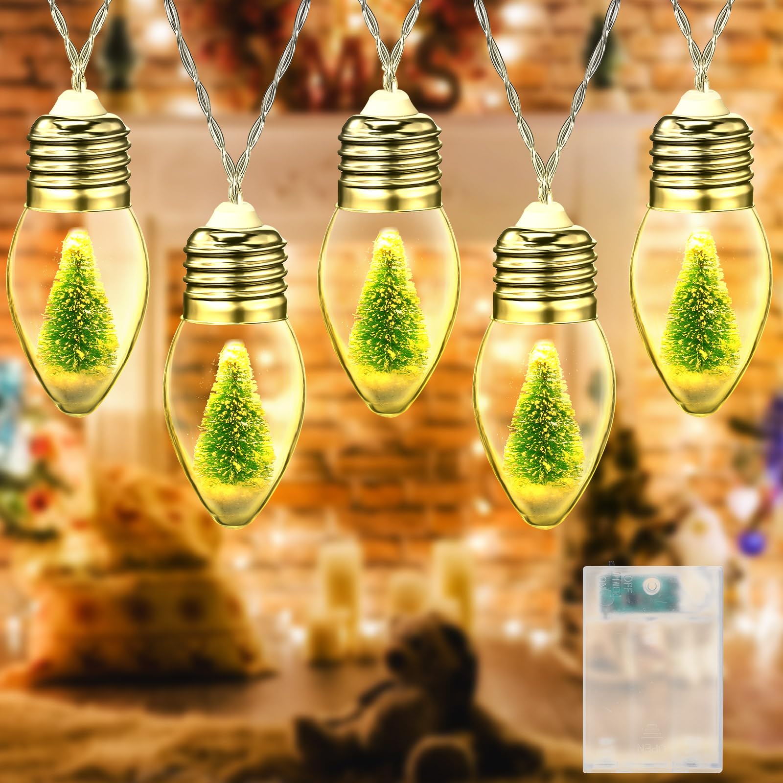 Aurelema Stringa di lampadine natalizie da 4 m, con 20 lampadine LED trasparenti, con mini neve, decorazione per albero di Natale, camera da letto, tavolo, feste, timer a batteria (bianco caldo)