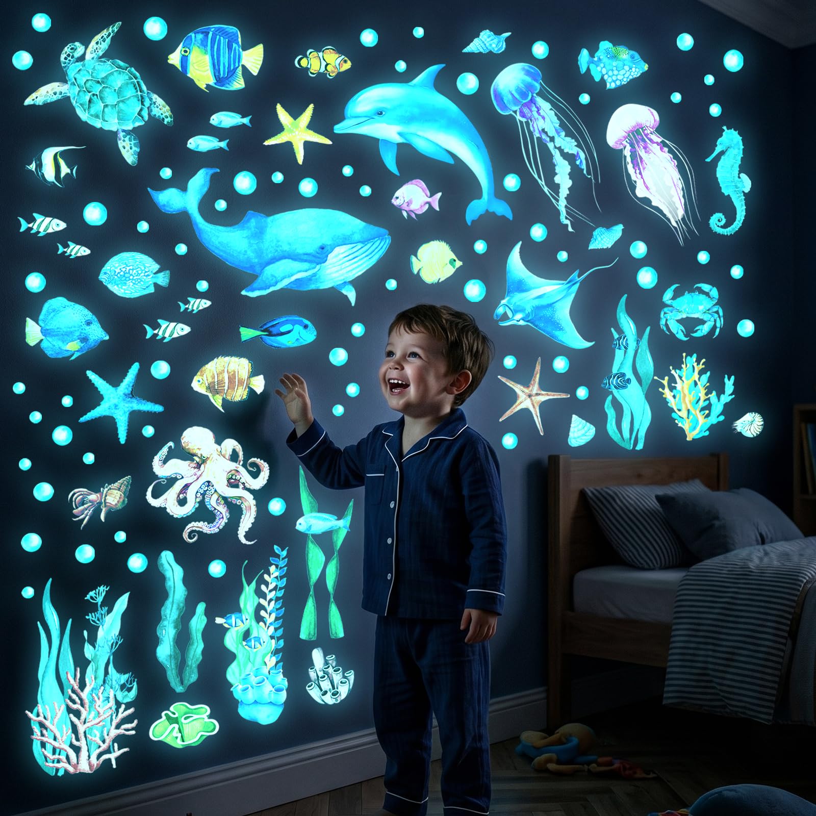 Decowall Boys Glow In The Dark A Glow-In-The-Dark Underwater Sea Animals Wall Stickers – Dolphins, Whales, Jellyfish, And Coral Reef Design For Kids Bedroom, Nursery, And Playroom Décor (Gds4-8097)