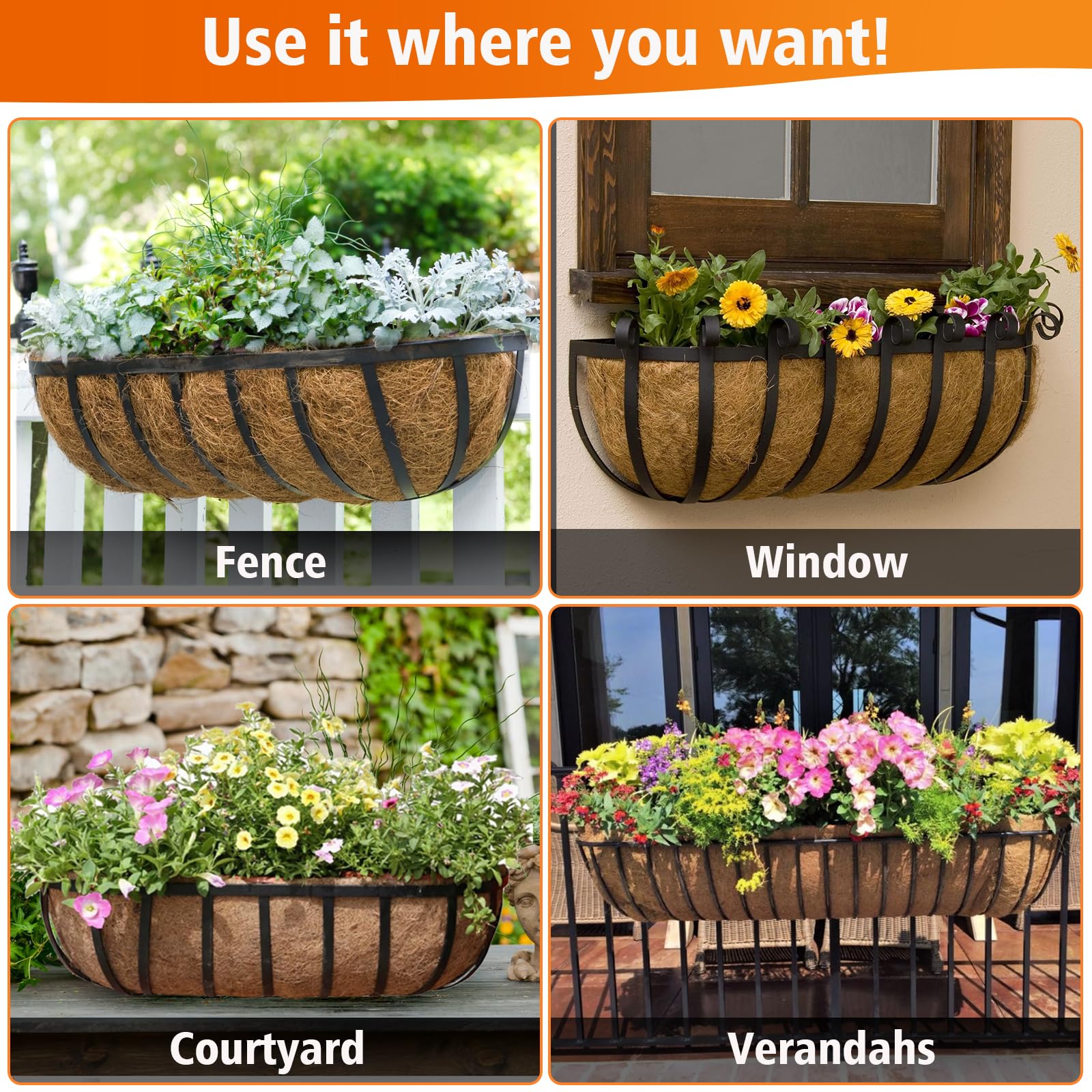 Crywag 3 PCS 30-Inch Coco Liners for Planters, Natural Material Coconut Planter Liners, Ideal for Gardens, Balconies, Terraces, Porches, Lawns, and Window Boxes