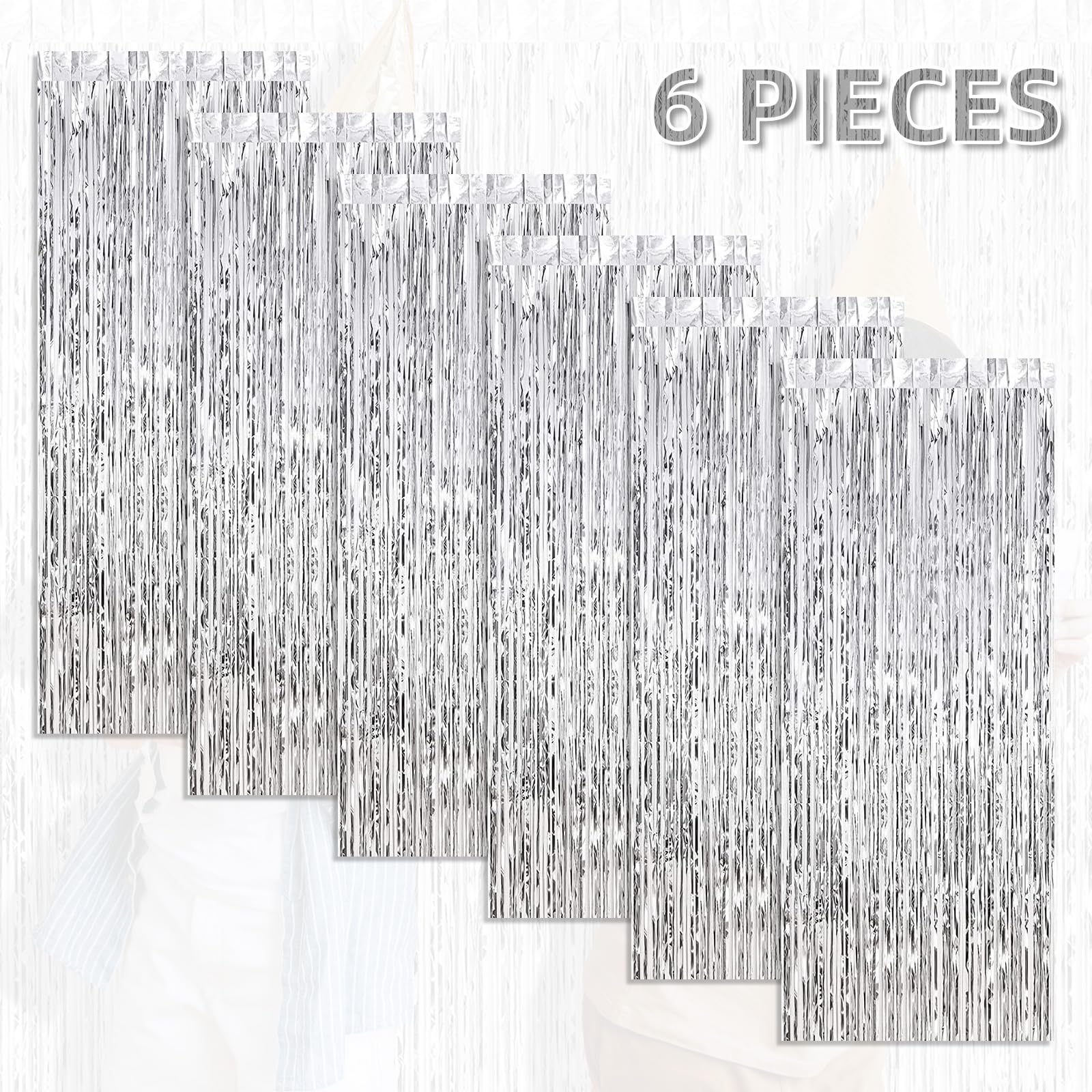 Paquete de 6 cortinas de fondo de flecos de aluminio, 3.3 x 8.2 pies, serpentinas de oropel plateadas, cortinas metálicas de flecos de papel de aluminio, telón de fondo para cabina de fotos para