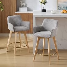 26 Swivel Bar Stools Set of 2, Counter Height Bar Chairs with Curved Back, Upholstered Linen Counter Stool with Wood Legs for Kitchen Island, Gray