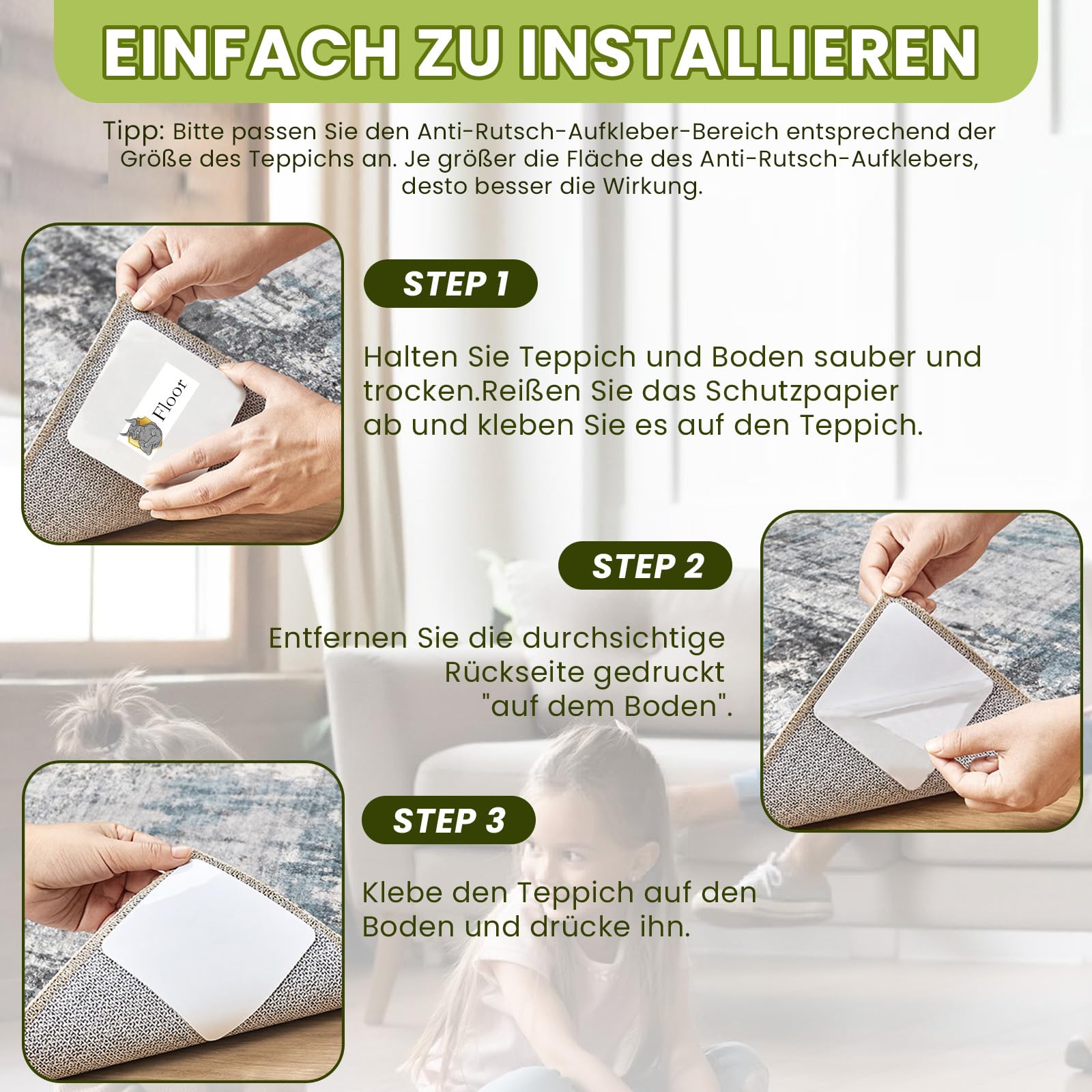Antirutsch Teppich Aufkleber für Hartholzböden Fliesen Neue Materialien zum Anti Curling. Wiederverwendbare Teppichbänder für doppelseitige Klebeteppich Ecken Greifer. (16, weiß)