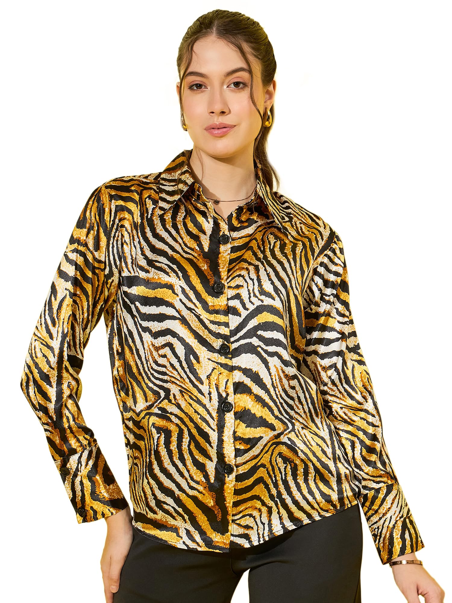Buynewtrend Luxurious Satin Regular Fit Leopard Print Women’s Casual Shirt