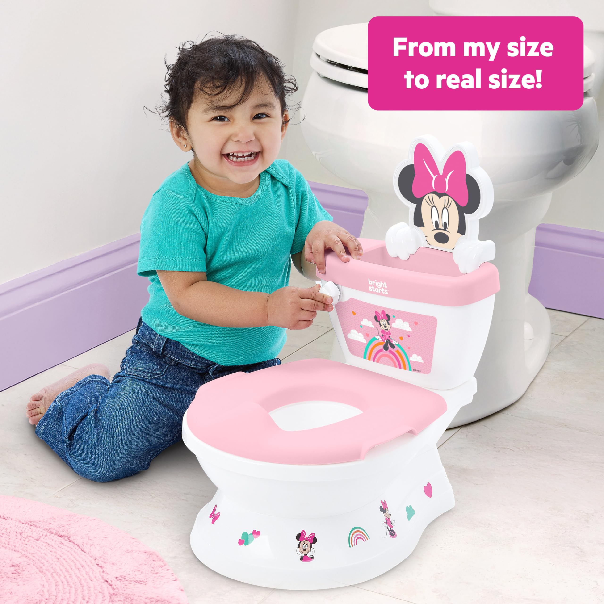 Bright Starts, Disney Baby Orinal 2 en 1 Minnie Mouse, con Sonidos de Descarga y Aplausos, desde 18 Meses, hasta 23 kg, Rosa