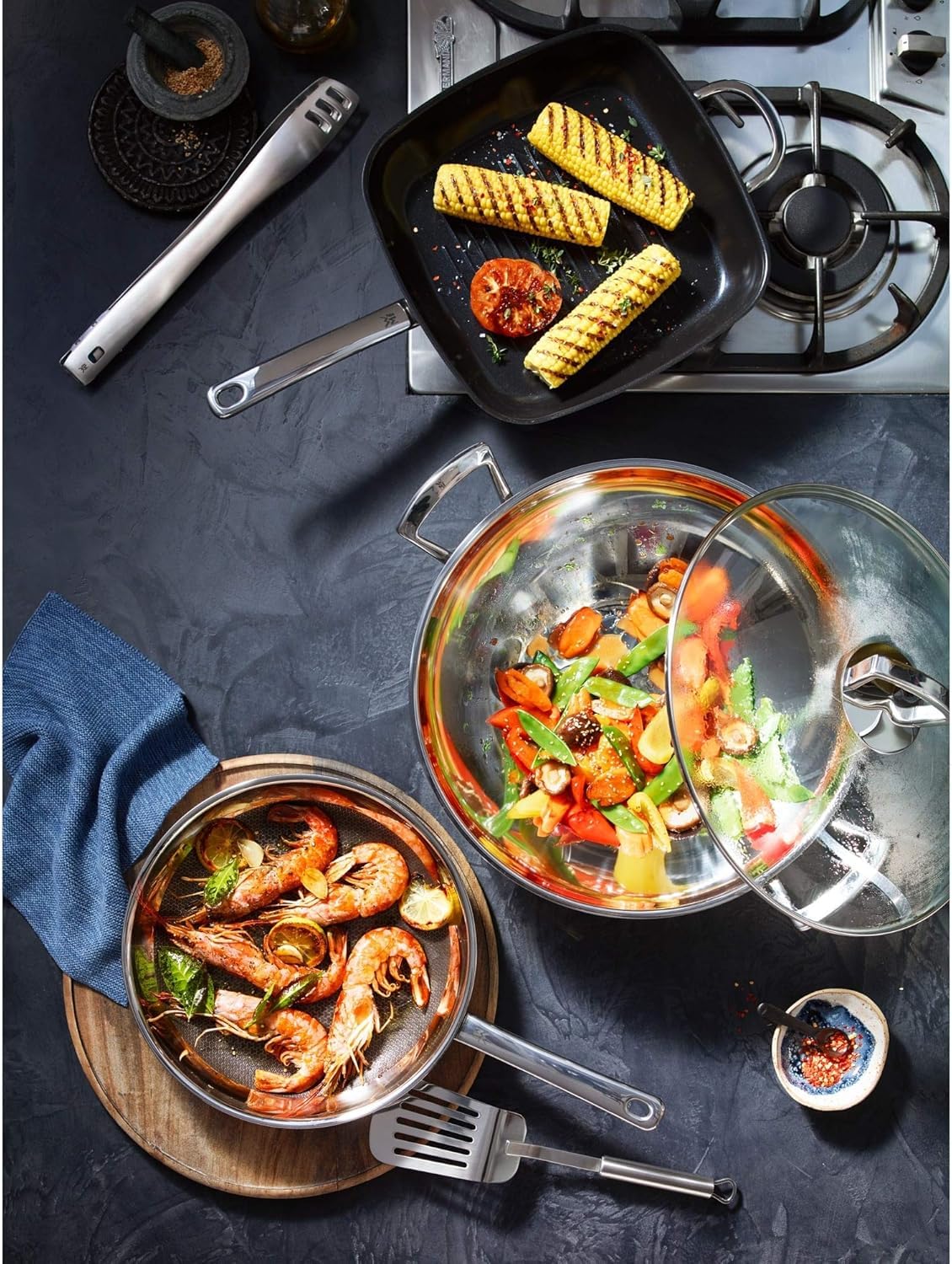 WMF – Set de Wok de 2 Piezas, Tapa de Cristal sin Recubrimiento, 36 cm de diámetro, Reborde Cromargan de Acero Inoxidable, Apto para inducción y para el lavavajillas