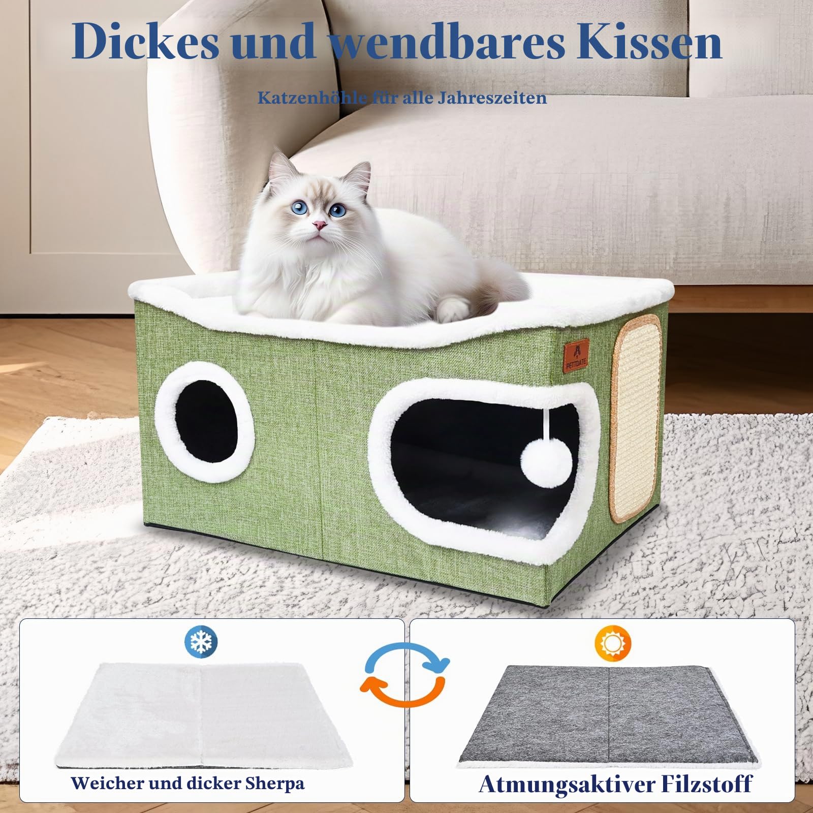 Extra Große Katzenhaus Indoor, 2-stöckige Kuschelhöhle mit Kratzbrett und Spielball, Katzenhöhle für Katzen, Ideal für Mehrere Kleine Haustiere und Große Kätzchen, Grün