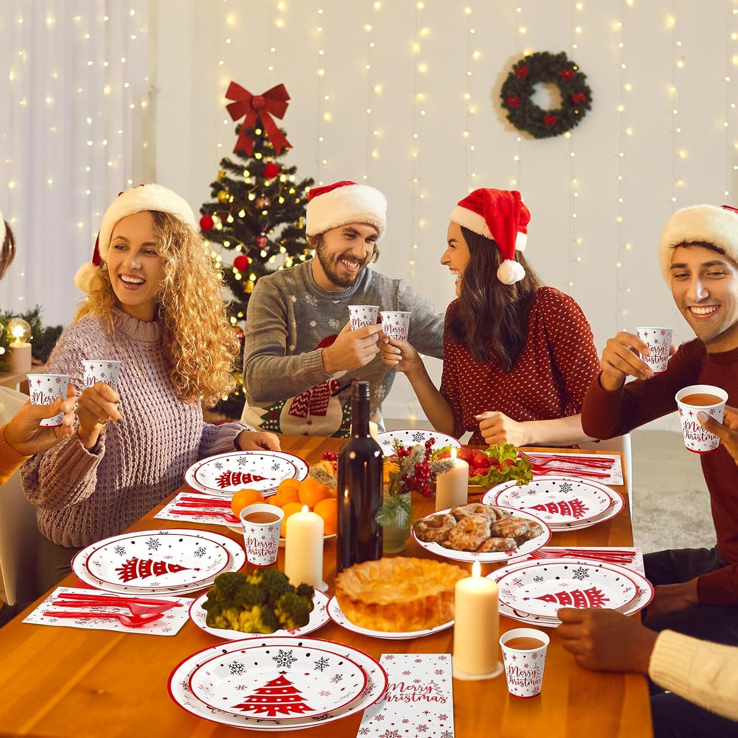 KAHEIGN 175Pcs Weihnachten Geschirr Set für 25 Personen, Papier Weihnachts Geschirrset mit 25Sets Speiseteller Salatteller Becher Servietten und wiederverwendbare Messer&Gabel&Löffel