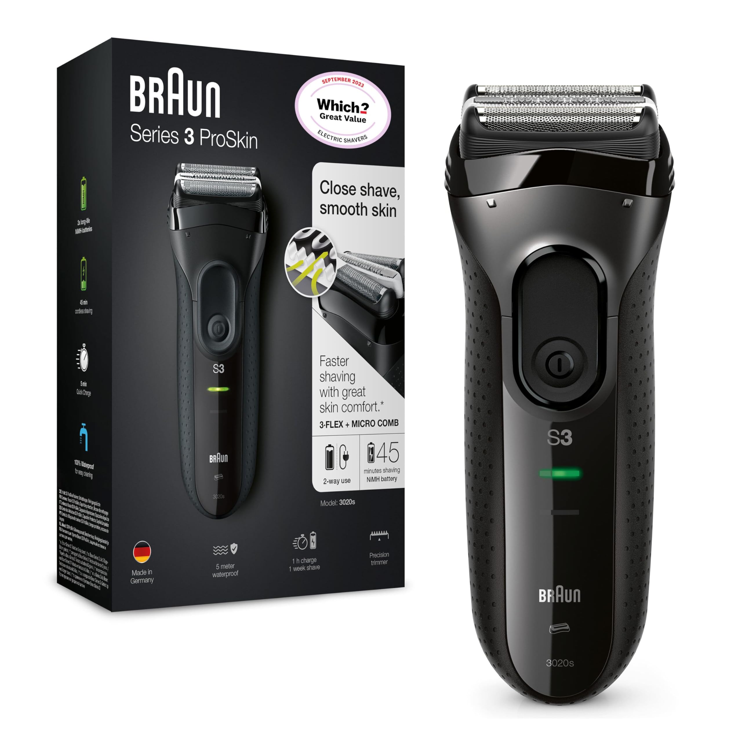 Braun Series 3 ProSkin 3020s - Afeitadora eléctrica/máquina de afeitar recargable, color negro