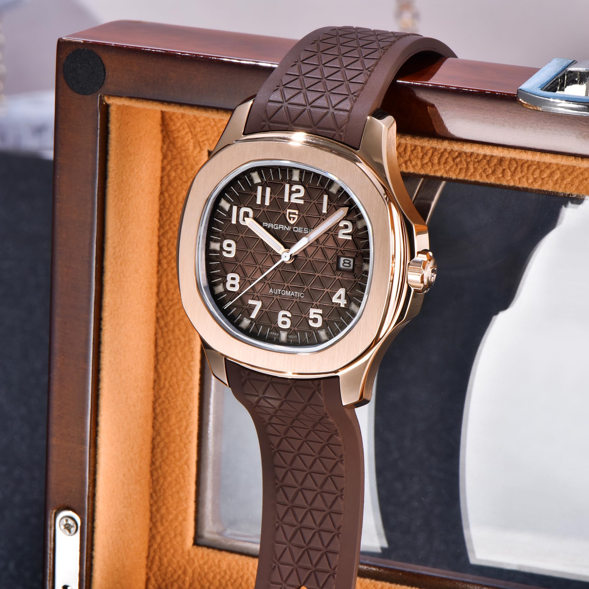 Pagani Design YS031 - Reloj automático de lujo para hombre, a cuadros, FKM, correa de caucho fluorado, cristal de zafiro, movimiento 8215, resistente al agua, 100 m, caja de acero inoxidable, hebilla