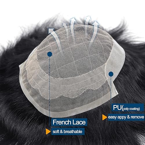 Miniatura 2 de HAPPY&CC Pelucas de cabello humano para hombre, tupé francés de encaje con pelo PU, sistema de piezas de cabello humano real, unidad de cabello