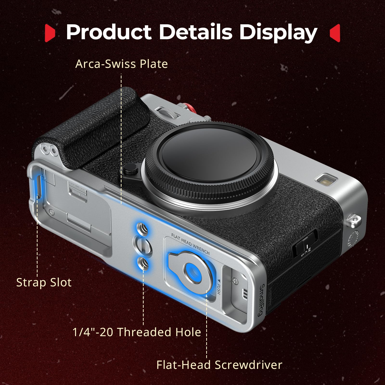 SMALLRIG X-E5 Poignée en L pour FUJIFILM, Plaque de Dégagement Rapide Intégrée pour Arca, Pas de vis 1/4"-20, Poignée Ergonomique Légère en Silicone, Bouton de Déclenchement (Argent) - 5447