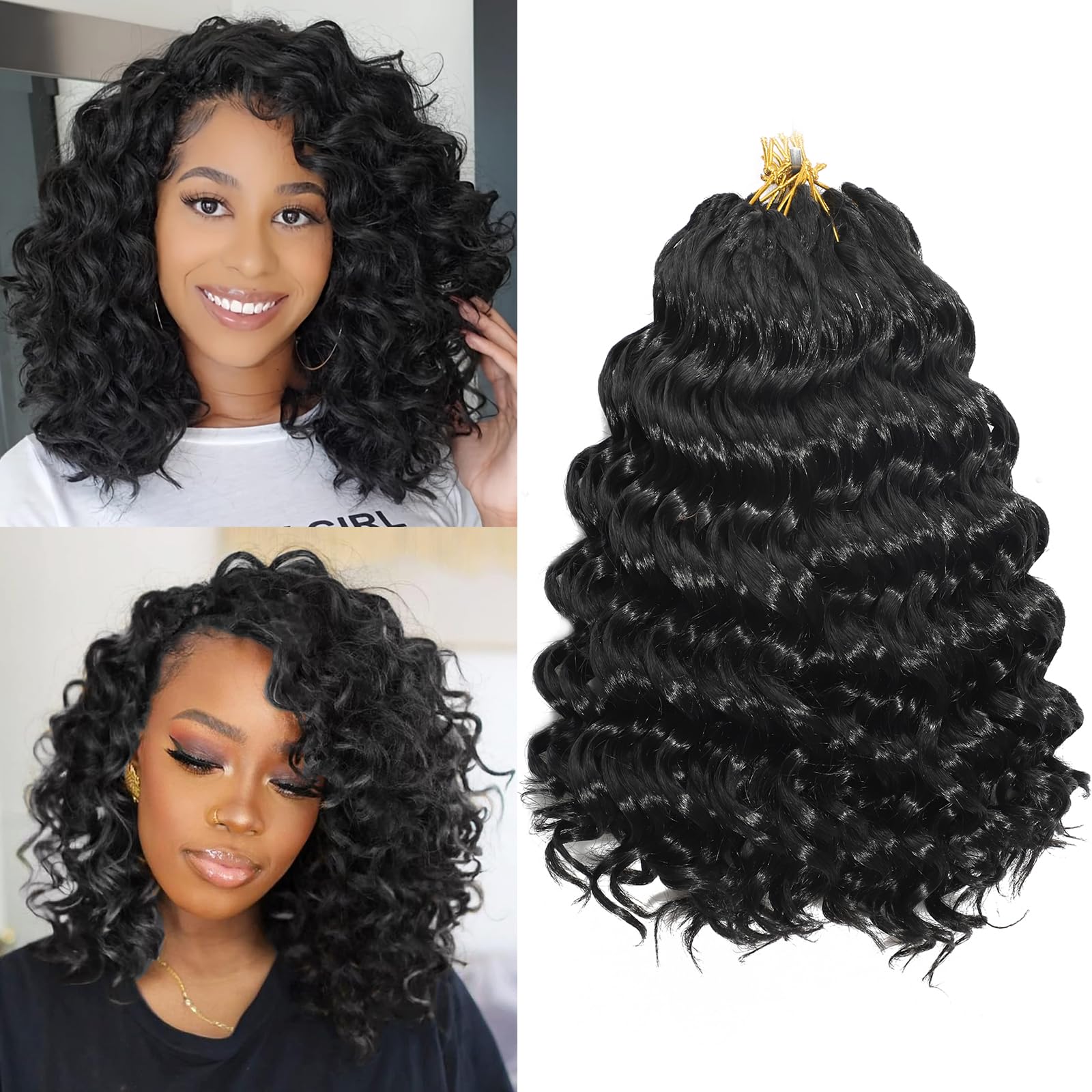 AMLUCKS Ocean Wave Crochet Hair 8 Packs Pre Looped Short GoGo Curl Crochet Hair Ombre Curly Deep Wavy Twist Braids Synthetic Braiding Hair Extensions for Women (1B#