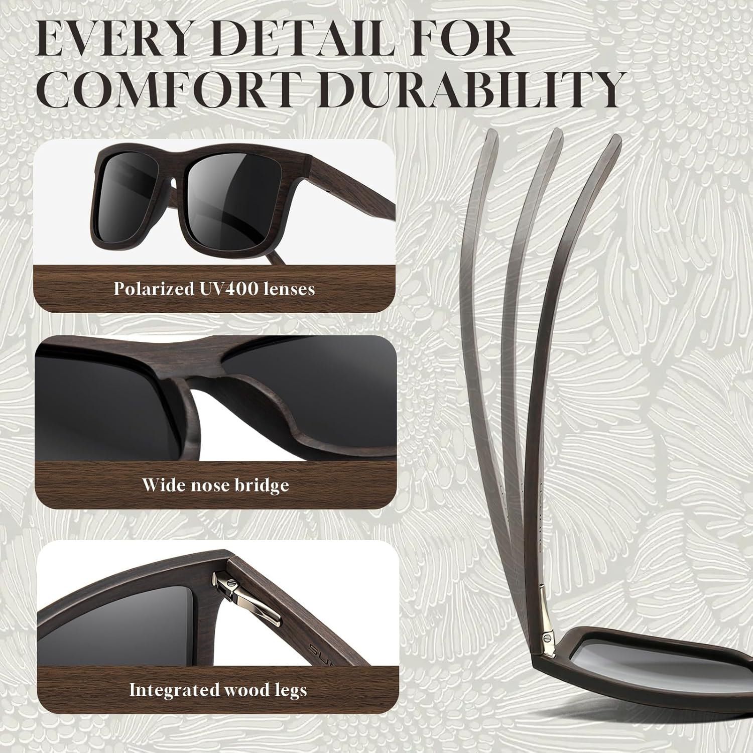 SUNGAIT Brown/Black Oak Wood Polarized Sunglasses Classic Retro Square Shades for Men Women Driving Gifts - Image 4