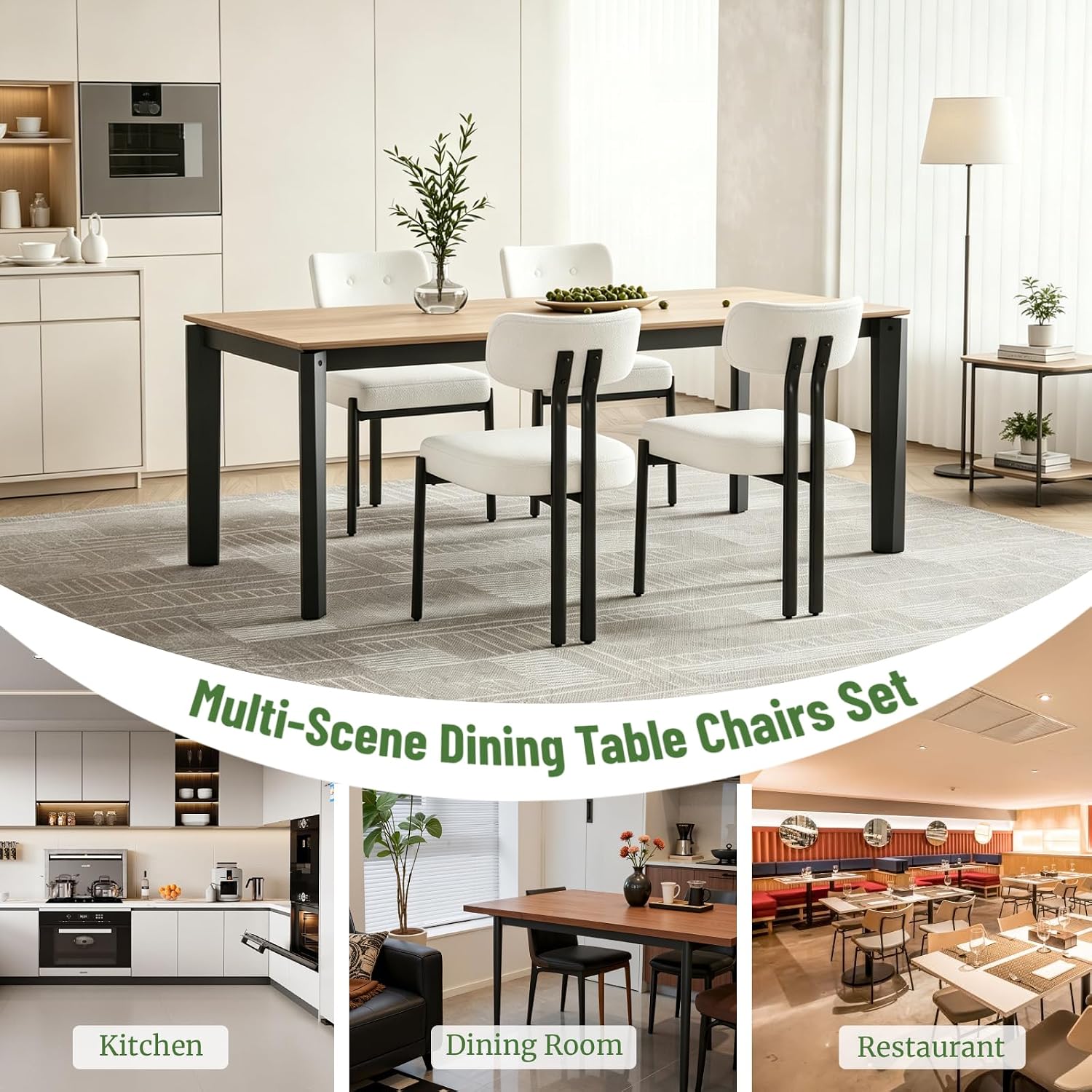 Modern 5-Piece Dining Set Extendable 47-63" Dining Table Set for 4 Rectangle Dinner Table with 4 Upholestered Chairs Metal Legs Curved Backrest for Dining Room Kitchen (Natural Desk + White Chairs)