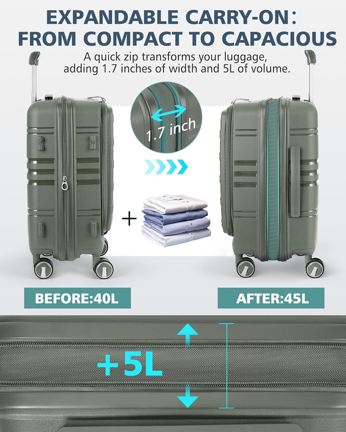 RAINSMORE Expandable Carry on Luggage 20 Inch, Airline Approved Carry on Suitcase with Front Pocket&Laptop Compartment, Hardshell Rolling Travel Luggage with Spinner Wheels,Sage Green - Image 3