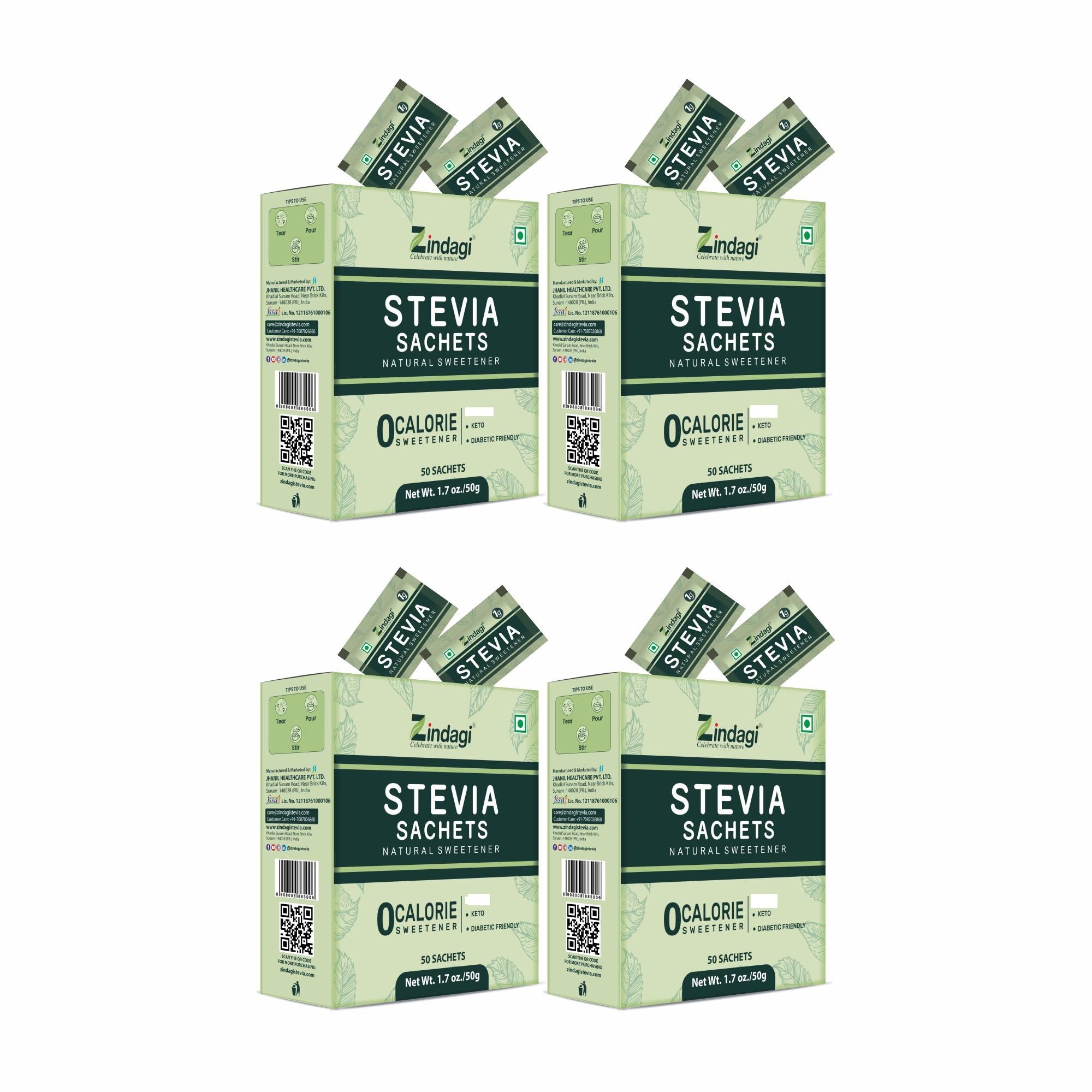 Zindagi Stevia Sachets | Natural Stevia Powder | Diabetic Friendly Sweetener | 200 Sachets