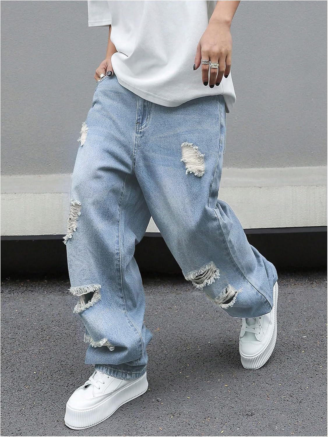 SweatyRocks Men's Baggy Jeans Ripped Loose Low Waist Casual Wide Leg Denim Pants Streetwear - Image 2