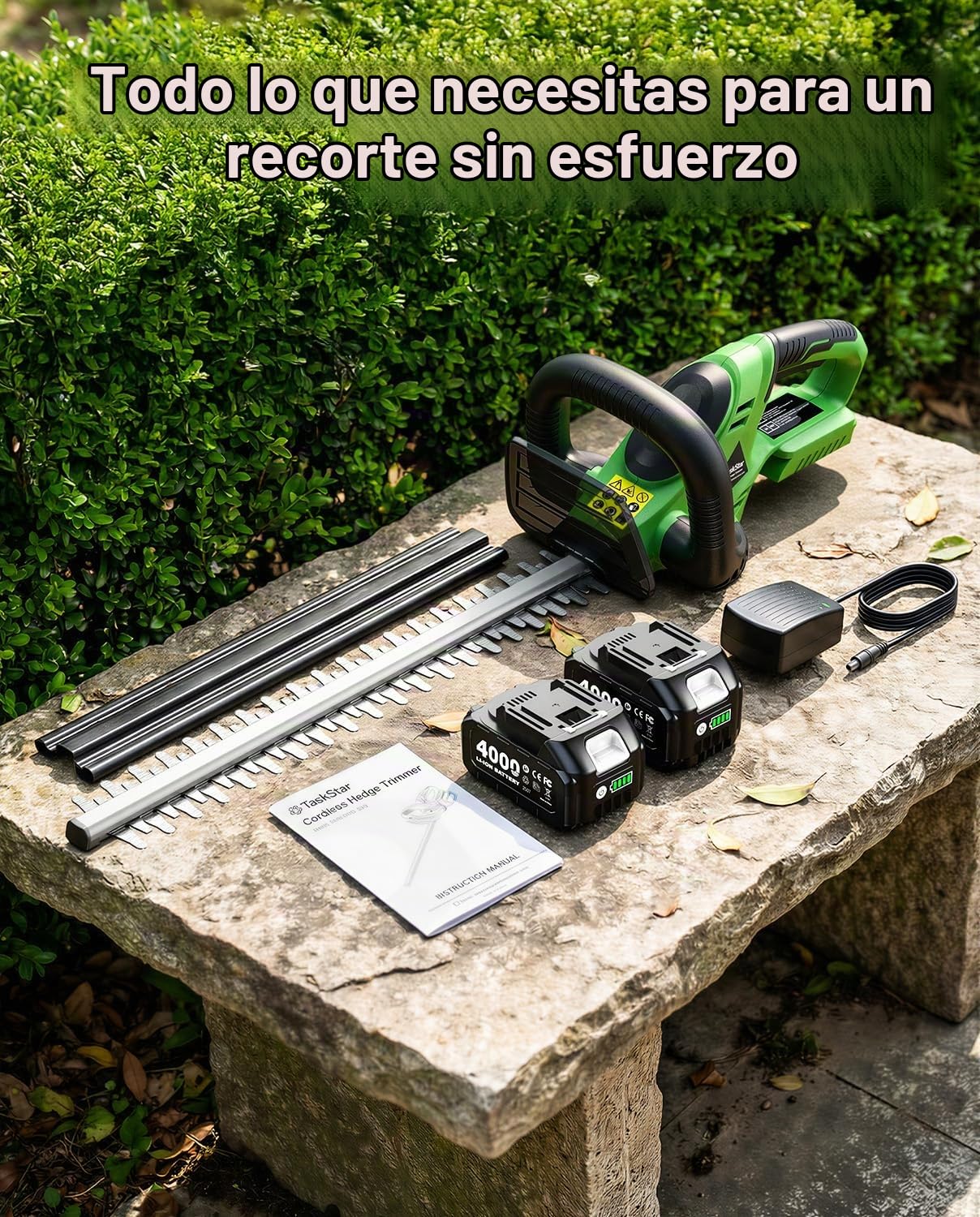 TaskStar Cortasetos Bateria: Cortasetos Electrico con Doble Cuchilla De 56 cm, Potencia De 600 W, 2×4,0 Ah Baterías, Potente para El Corte De Setos Y Arbustos
