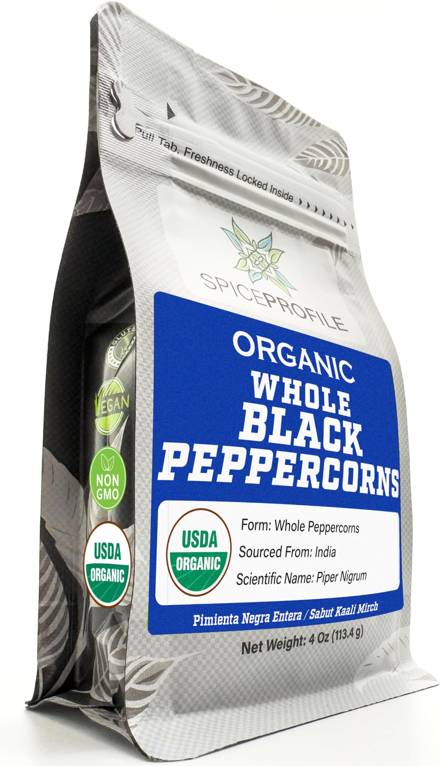 Spice Profile USDA Organic Black Peppercorns Whole, Lab Tested for Heavy Metals, Resealable 4oz Pouch, Kali Mirch, Pimienta Negra en Granos