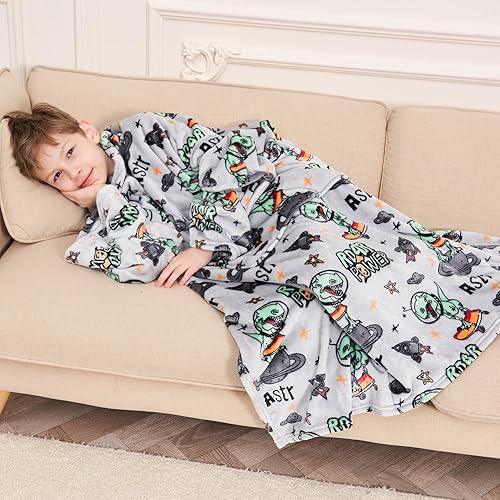 Miniatura 8 de Softan Manta de forro polar para niños y niñas, con mangas y bolsillo para el pie, para niños, niñas, niños, manta ligera y suave con mangas y