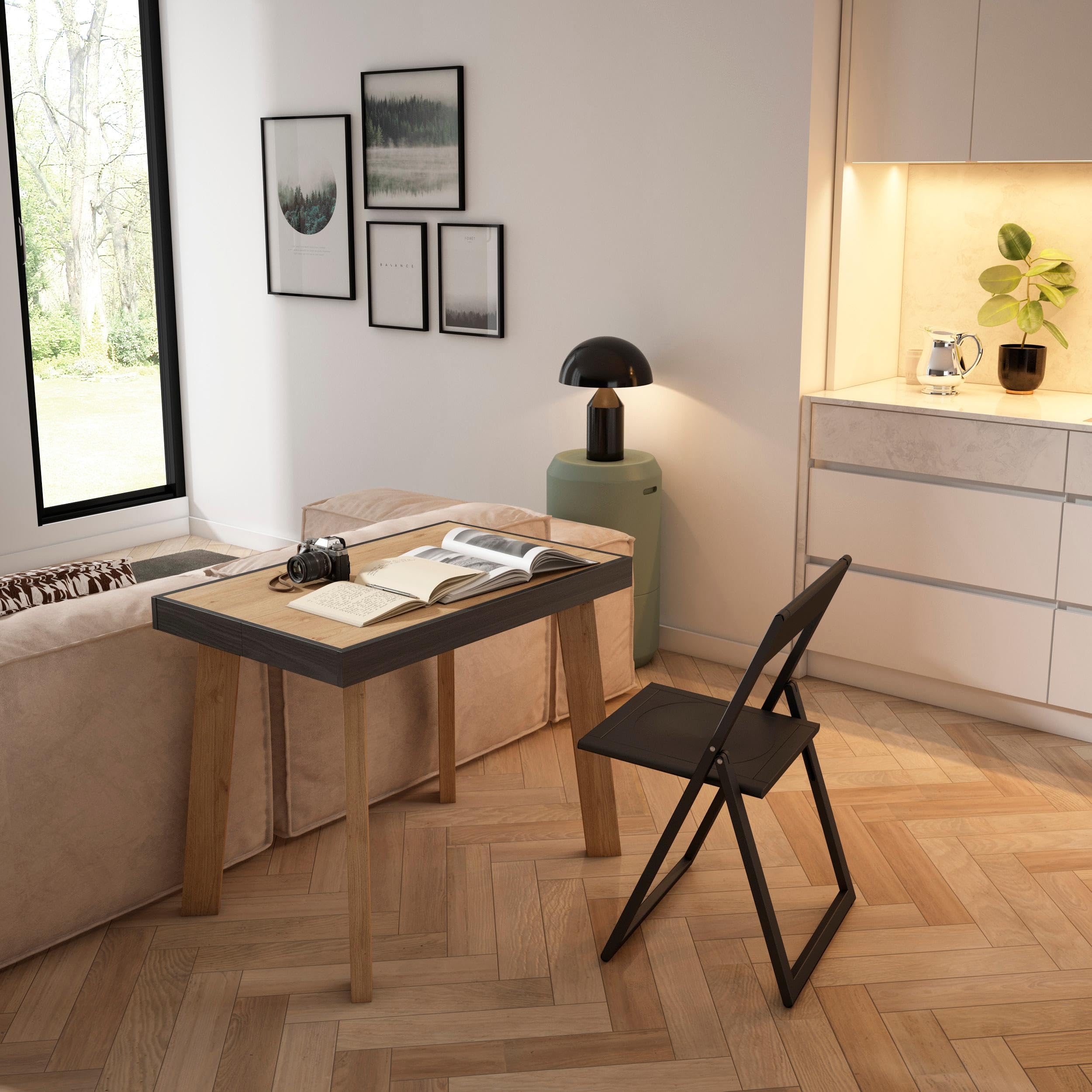 Skraut Home | Table Console Extensible | Console Meuble | 300 | pour 14 Personnes | Pieds en Bois | Style Moderne | Chêne et Noir