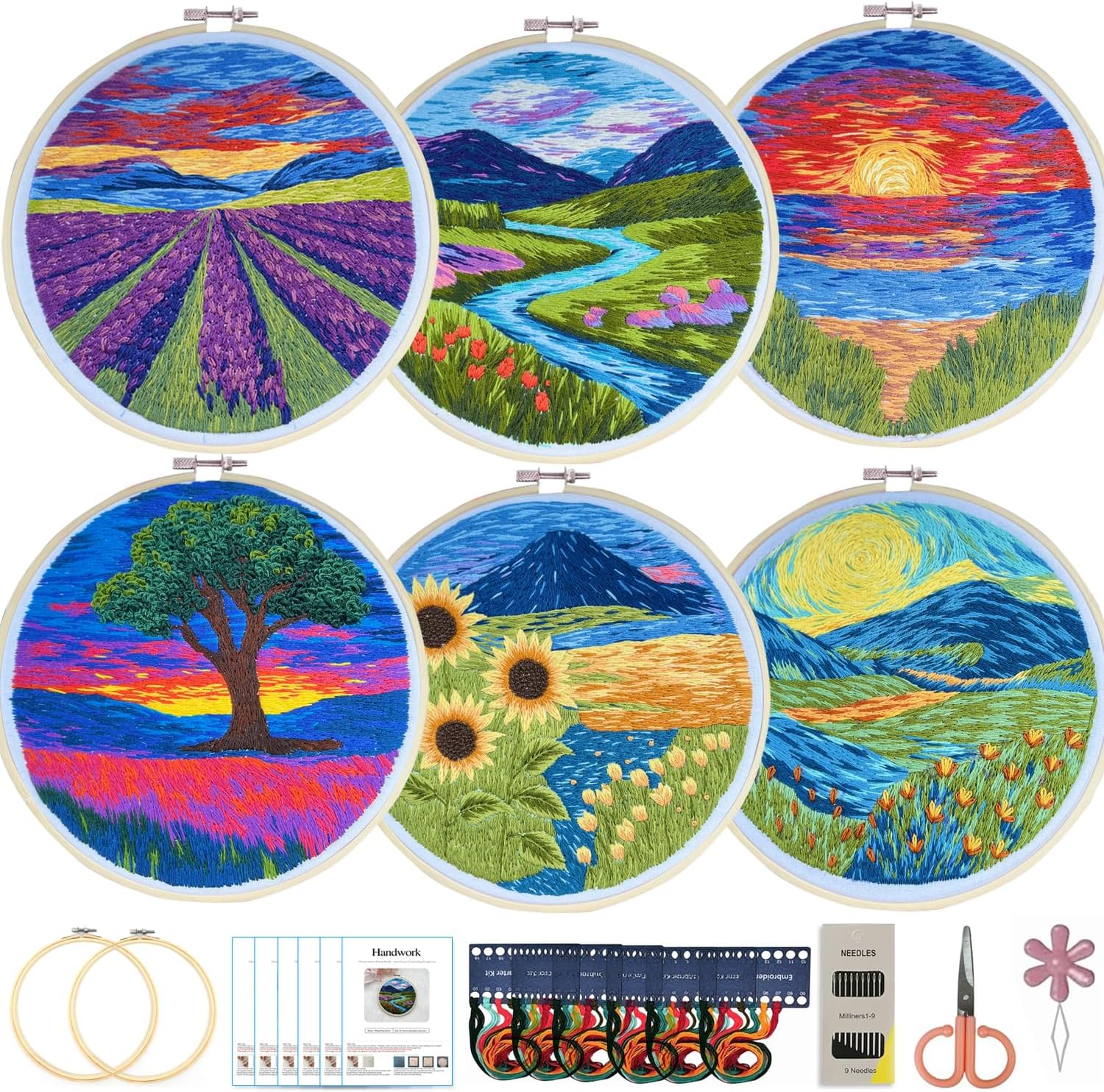 Maydear 6 Pack Embroidery Starter Kit with Pattern, Stamped Cross Stitch Kits for Beginners Adults with Embroidery Hoop and Instructions, Hand Embroidery Kit (Landscape six Sets)