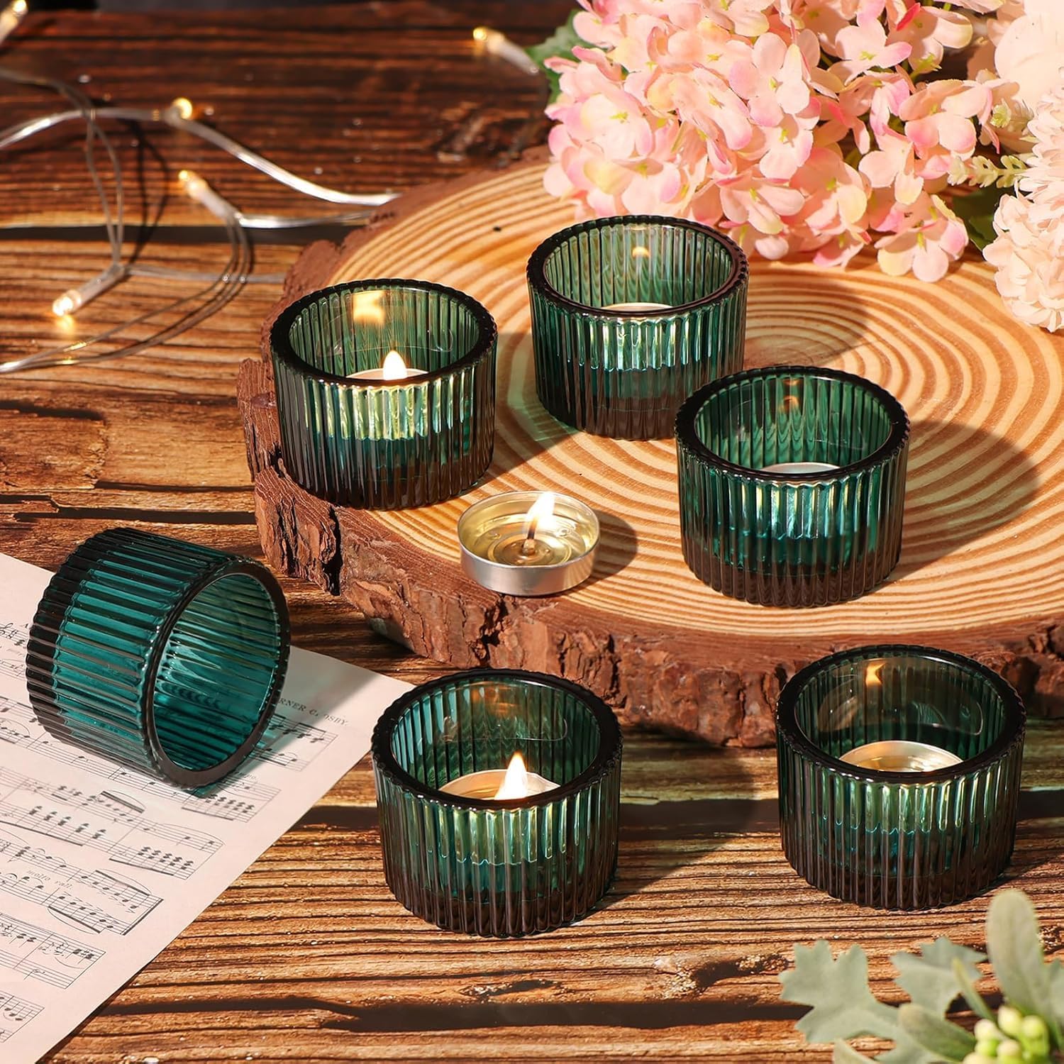 Set of 6 Votive Glass Tealight Candle Holders - Christmas Decorations Items for Home Dcor Living Room Bedroom Dining Table (Green)