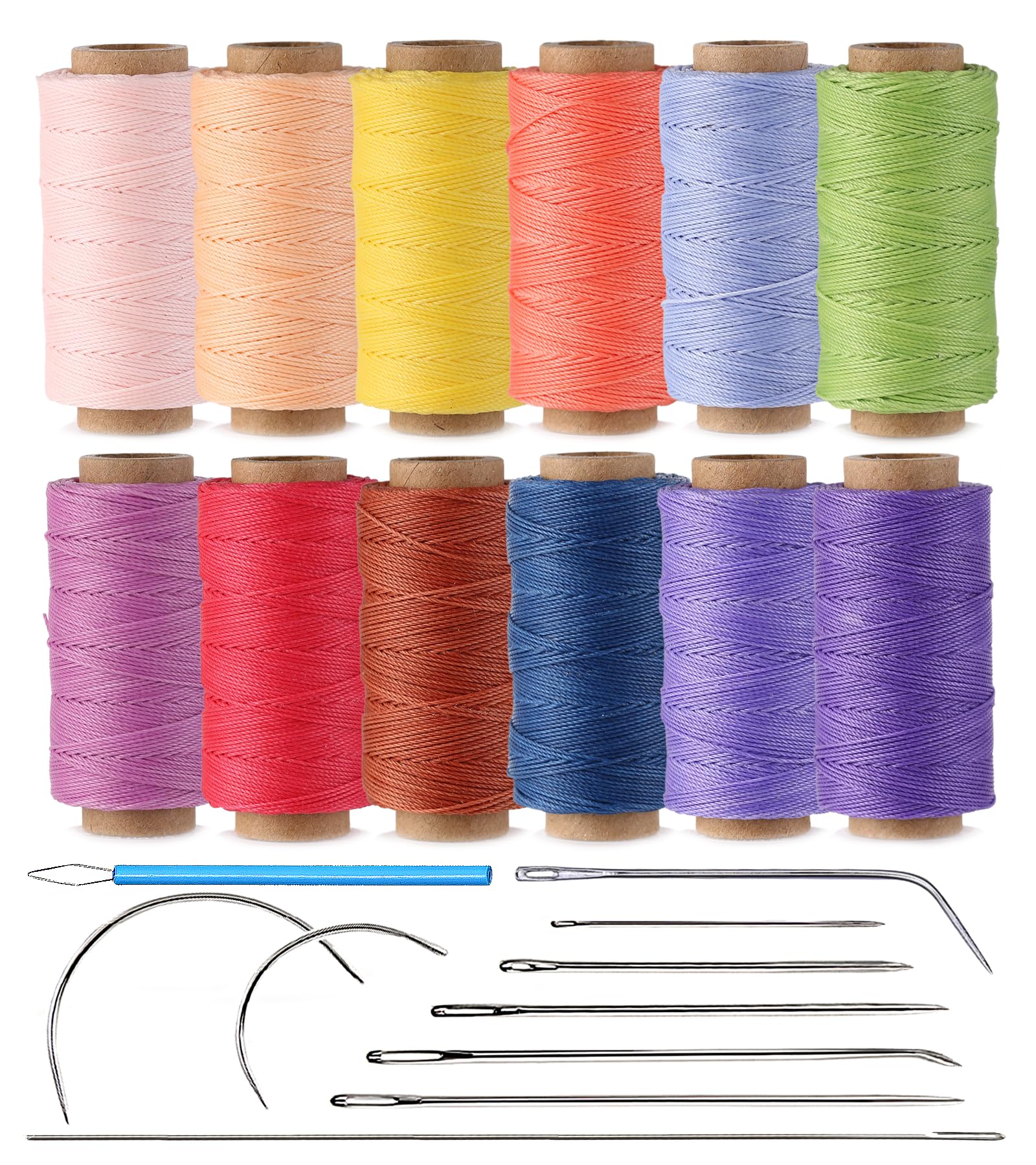 Kivisin Multicolor Round Waxed Thread 12 Spools Assorted, 0.55Mm 70 Yards Each, Bonded Polyester Wax Cord For Leather Sewing, Beading, Knotting, Bracelets And Micro Macrame Jewelry Craft Making
