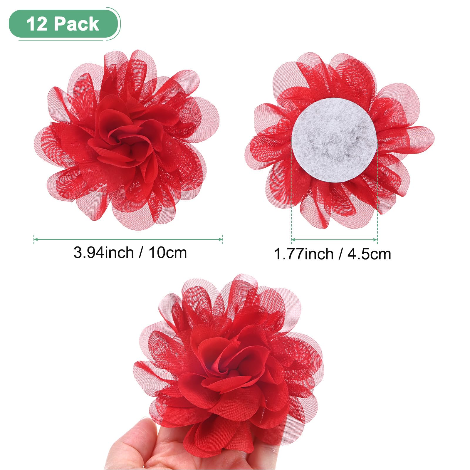 M METERXITY 12-Pack Red Chiffon Flowers, 3.94 x 3.94 Inch Mesh Fabric Flowers, Decorative, Feminine, Versatile - Image 3