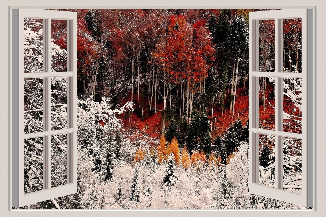 JVERF - JZZA20758 Forests Autumn Snow| Self-Adhesive Open Window Wall Sticker