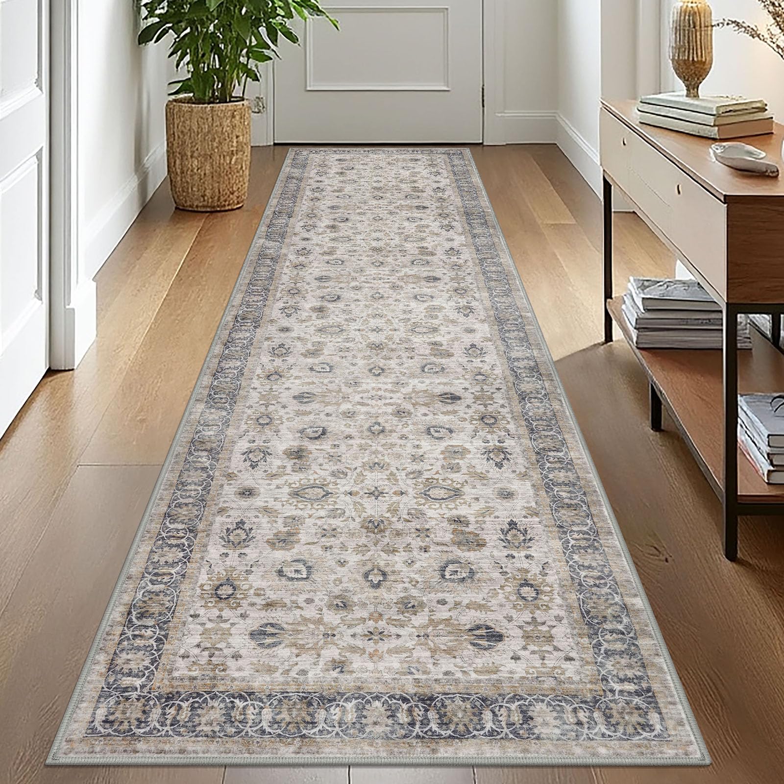 KOZYFLY Vintage Washable Rug Runner 2.6x10 Hallway Rug Runner Grey/Beige — image 1